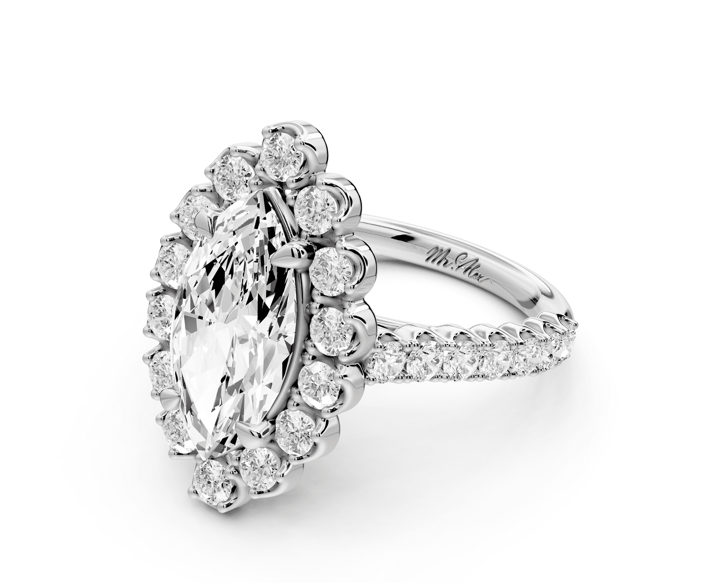 Anastasia - 2ct 18k white gold marquise Diamond with Floral Halo and Pavé engagement Ring - Mr. Alex Jewelry