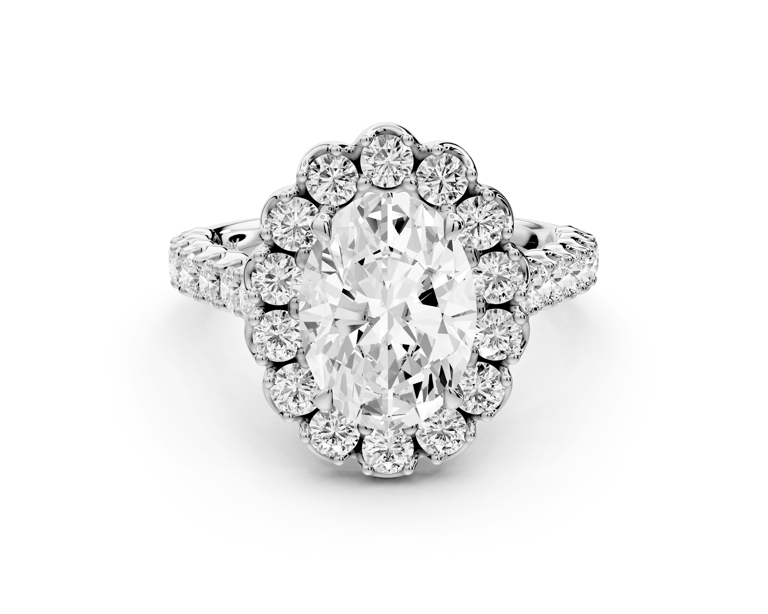 Anastasia - 2ct 18k white gold oval Diamond with Floral Halo and Pavé engagement Ring - Mr. Alex Jewelry