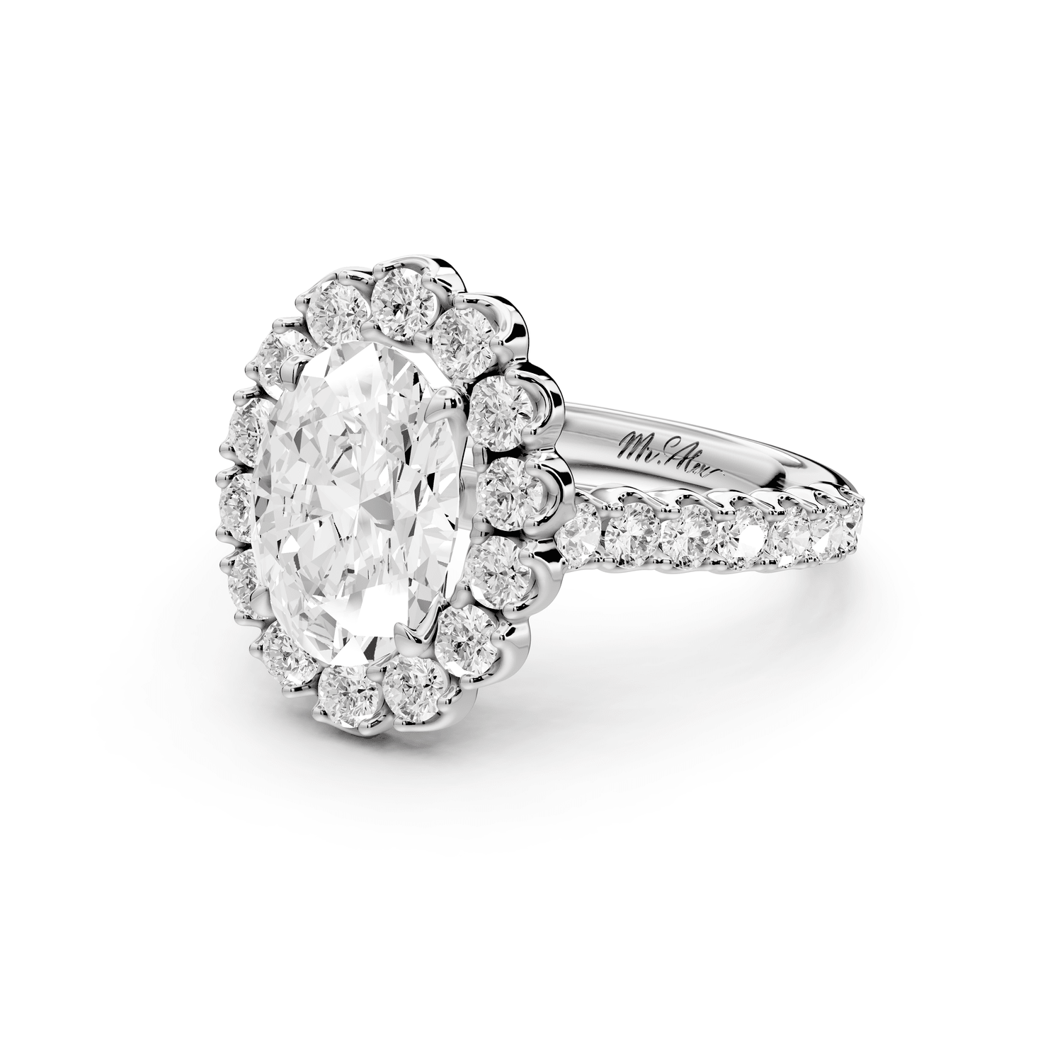 Anastasia - 2ct 18k white gold oval Diamond with Floral Halo and Pavé engagement Ring - Mr. Alex Jewelry