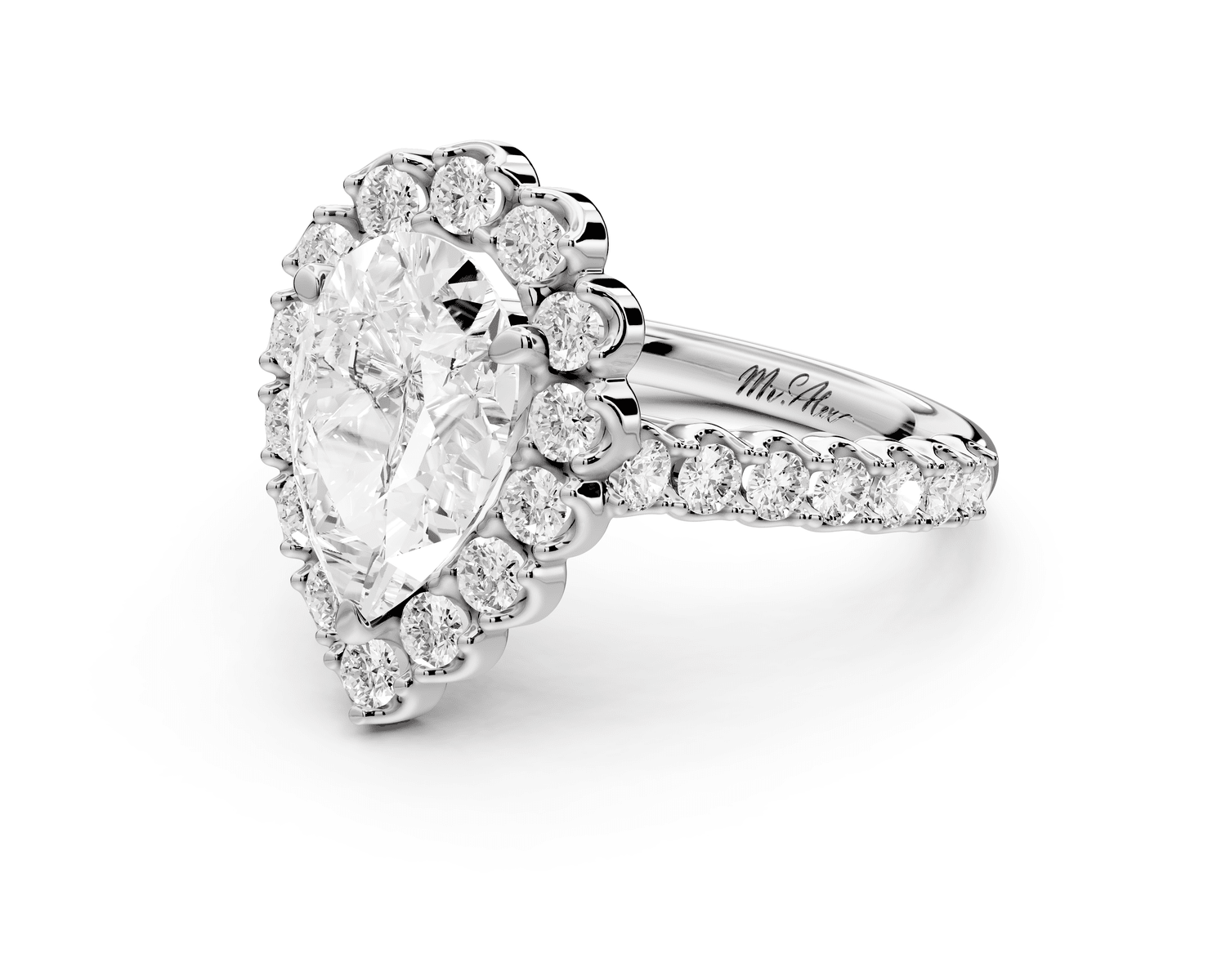 Anastasia - 2ct 18k white gold pear Diamond with Floral Halo and Pavé engagement Ring - Mr. Alex Jewelry