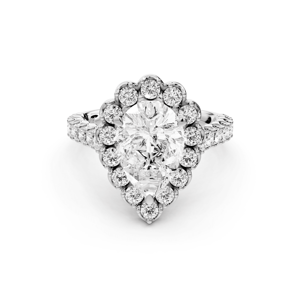 Anastasia - 2ct 18k white gold pear Diamond with Floral Halo and Pavé engagement Ring - Mr. Alex Jewelry