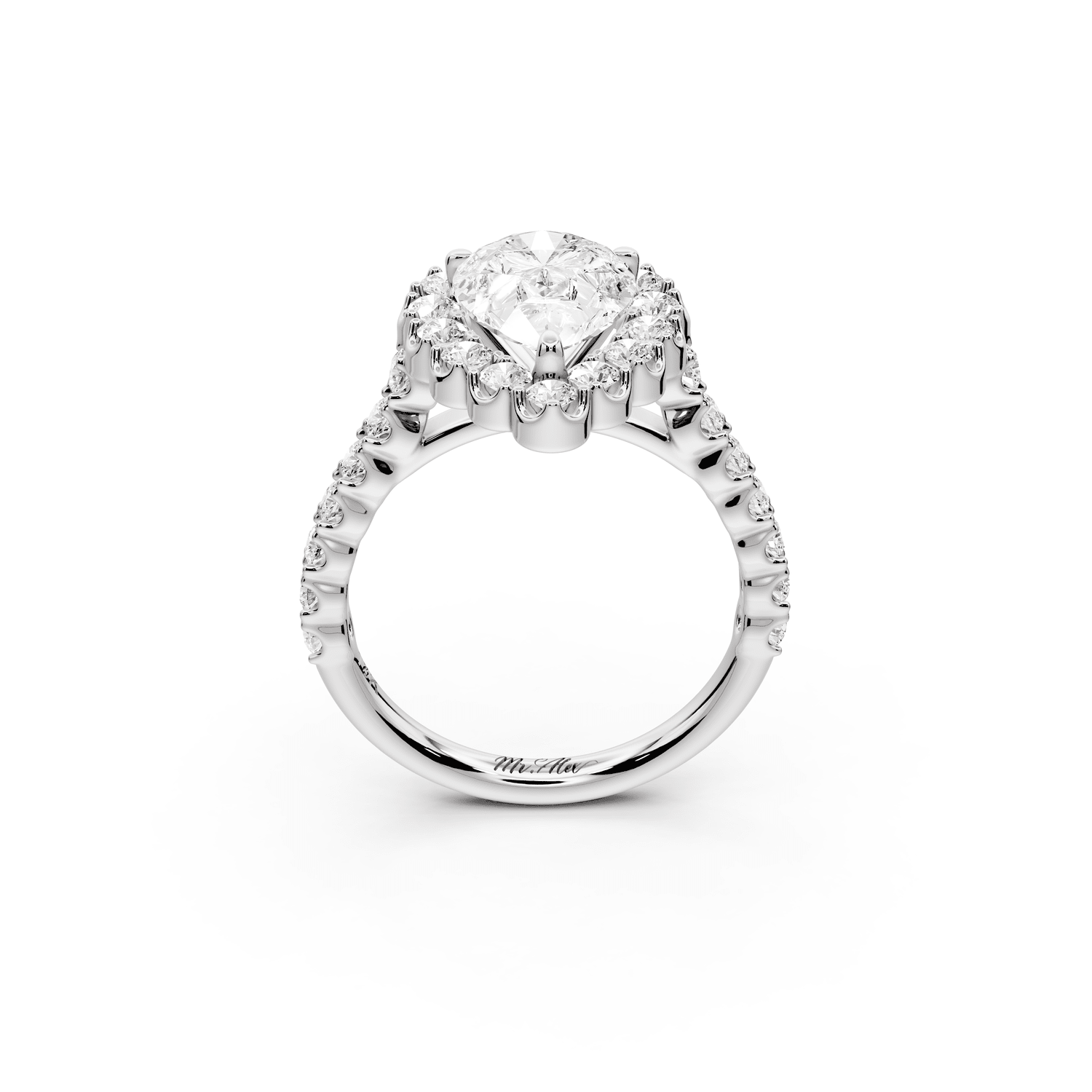 Anastasia - 2ct 18k white gold pear Diamond with Floral Halo and Pavé engagement Ring - Mr. Alex Jewelry