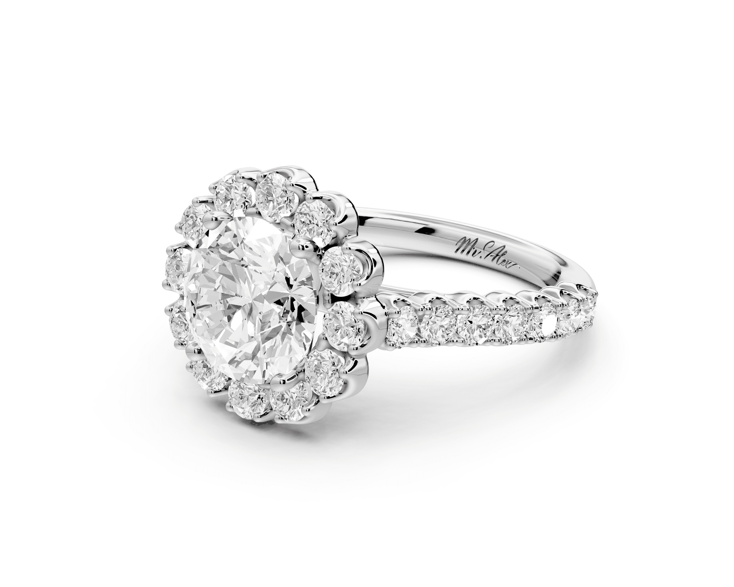 Anastasia - 2ct 18k white gold round Diamond with Floral Halo and Pavé engagement Ring - Mr. Alex Jewelry
