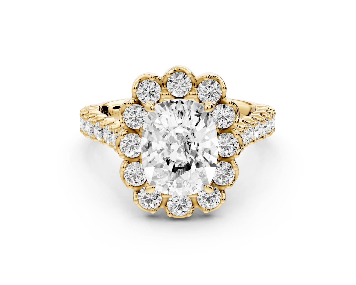 Anastasia - 2ct 18k yellow gold ecushion Diamond with Floral Halo and Pavé engagement Ring - Mr. Alex Jewelry