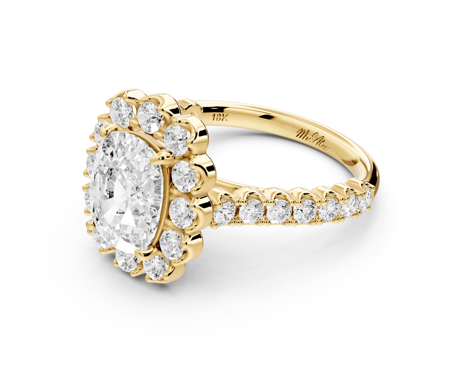 Anastasia - 2ct 18k yellow gold ecushion Diamond with Floral Halo and Pavé engagement Ring - Mr. Alex Jewelry