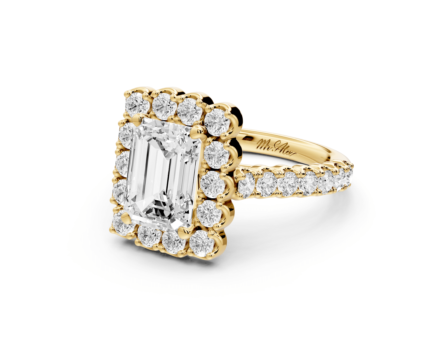 Anastasia - 2ct 18k yellow gold emerald Diamond with Floral Halo and Pavé engagement Ring - Mr. Alex Jewelry