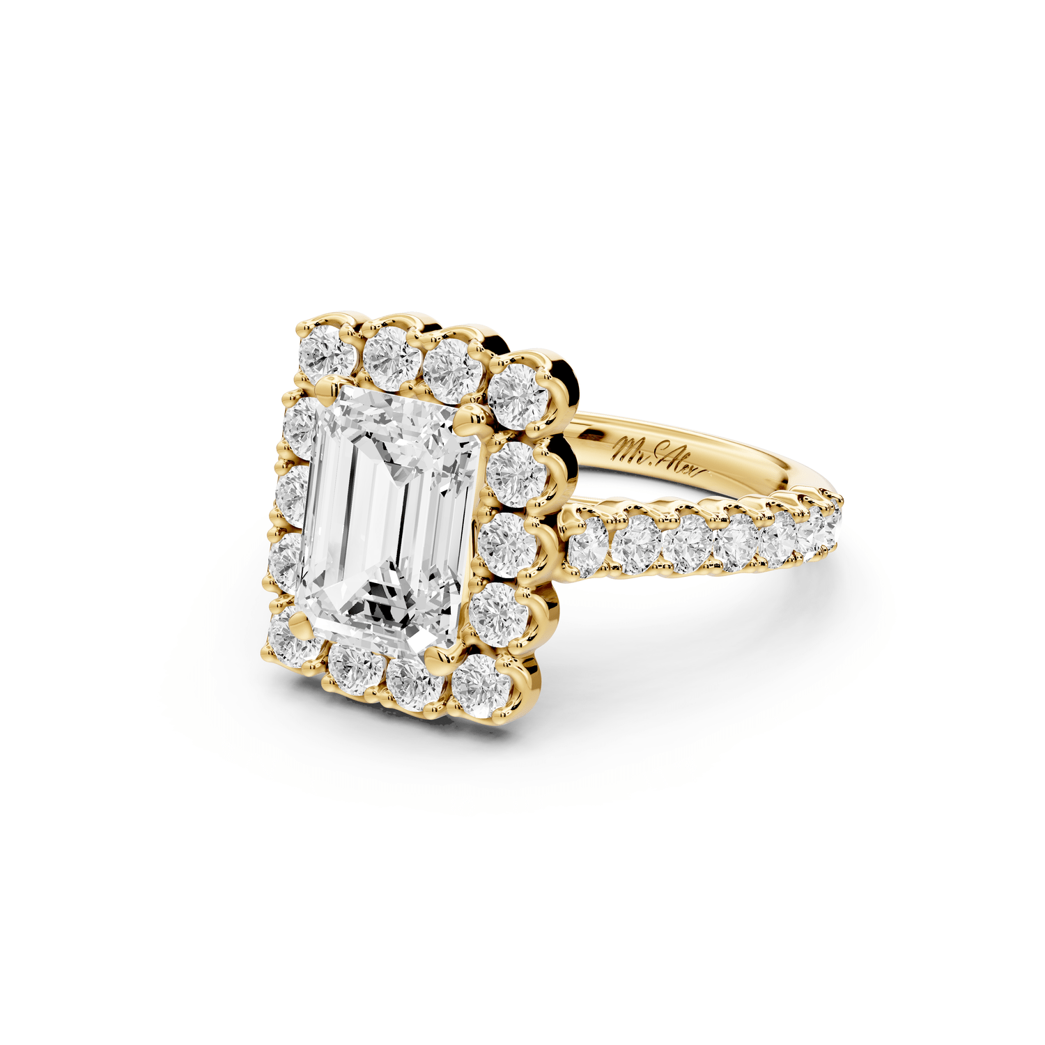 Anastasia - 2ct 18k yellow gold emerald Diamond with Floral Halo and Pavé engagement Ring - Mr. Alex Jewelry