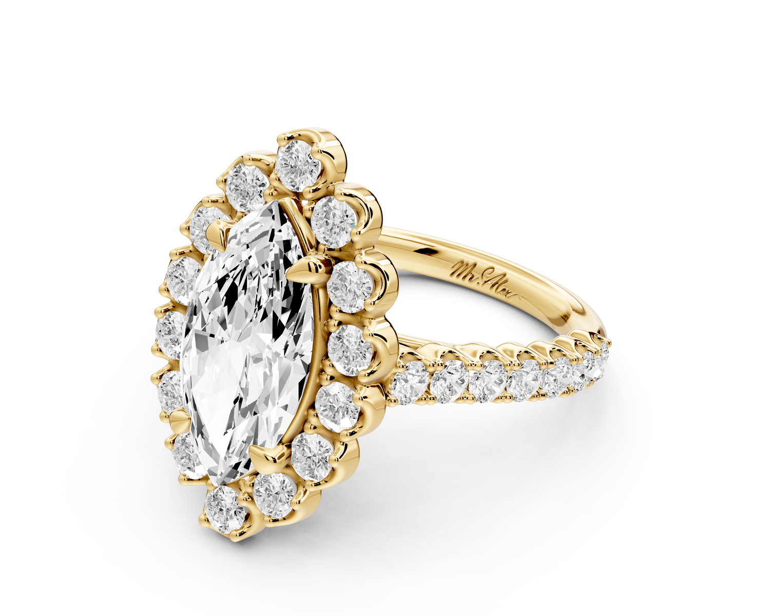 Anastasia - 2ct 18k yellow gold marquise Diamond with Floral Halo and Pavé engagement Ring - Mr. Alex Jewelry
