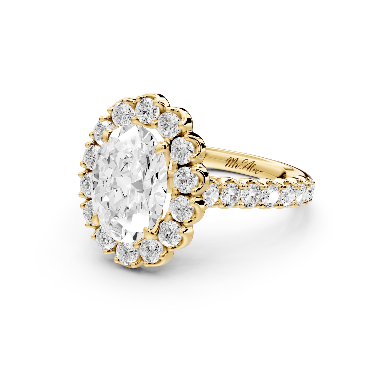 Anastasia - 2ct 18k yellow gold oval Diamond with Floral Halo and Pavé engagement Ring - Mr. Alex Jewelry