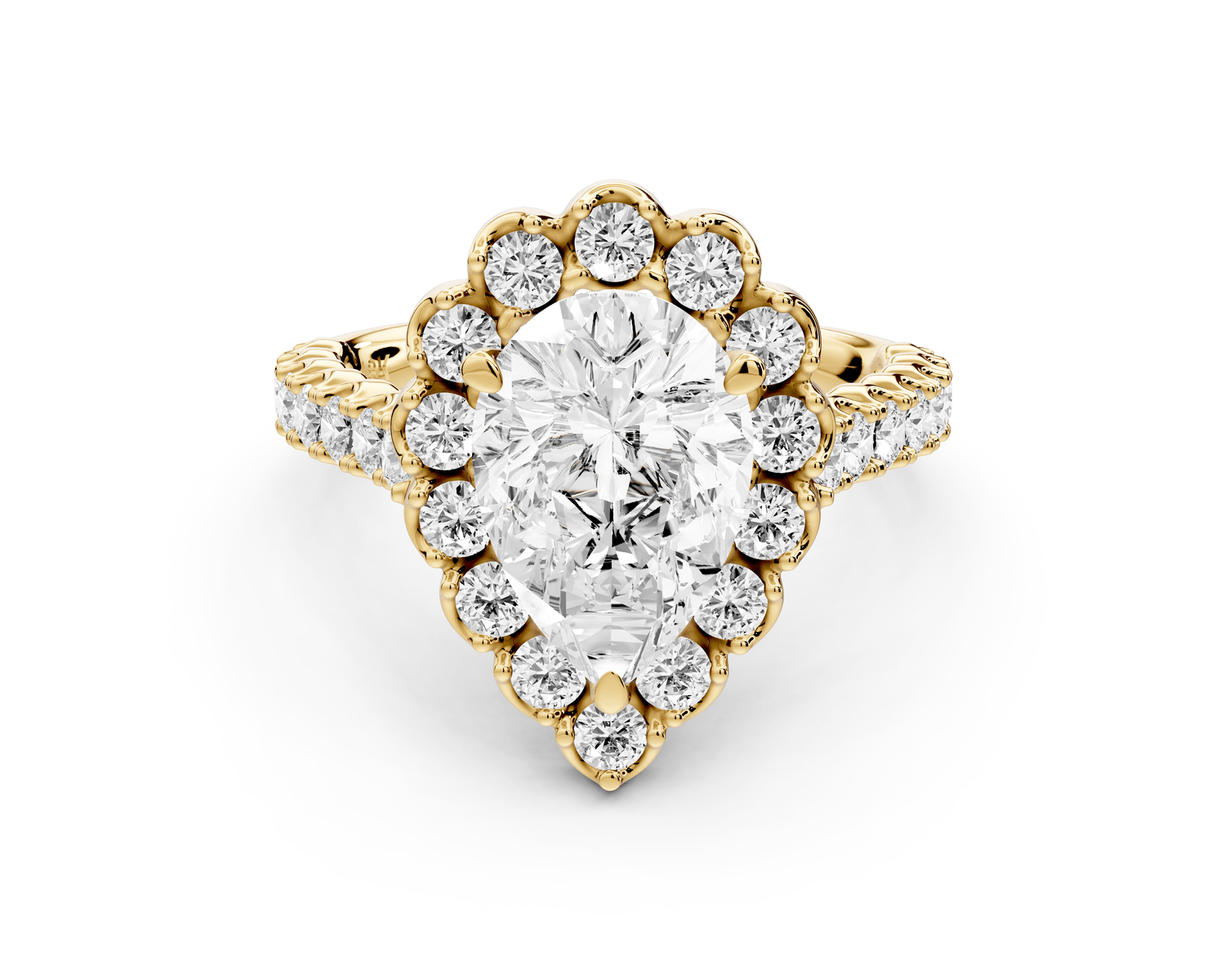 Anastasia - 2ct 18k yellow gold pear Diamond with Floral Halo and Pavé engagement Ring - Mr. Alex Jewelry