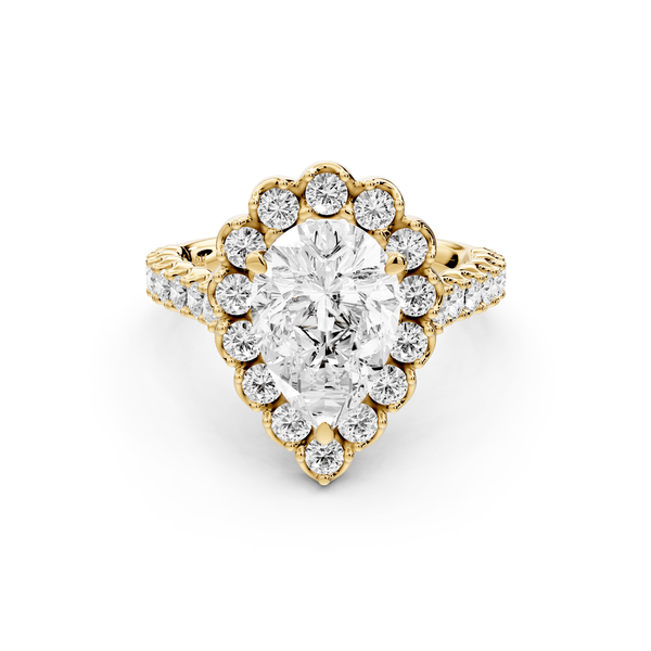 Anastasia - 2ct 18k yellow gold pear Diamond with Floral Halo and Pavé engagement Ring - Mr. Alex Jewelry