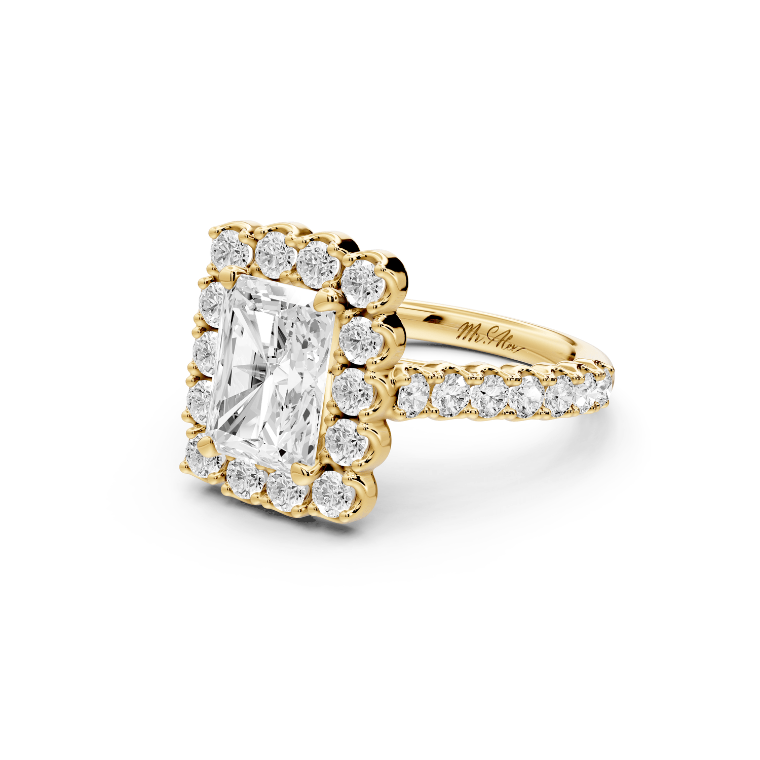 Anastasia - 2ct 18k yellow gold radiant Diamond with Floral Halo and Pavé engagement Ring - Mr. Alex Jewelry