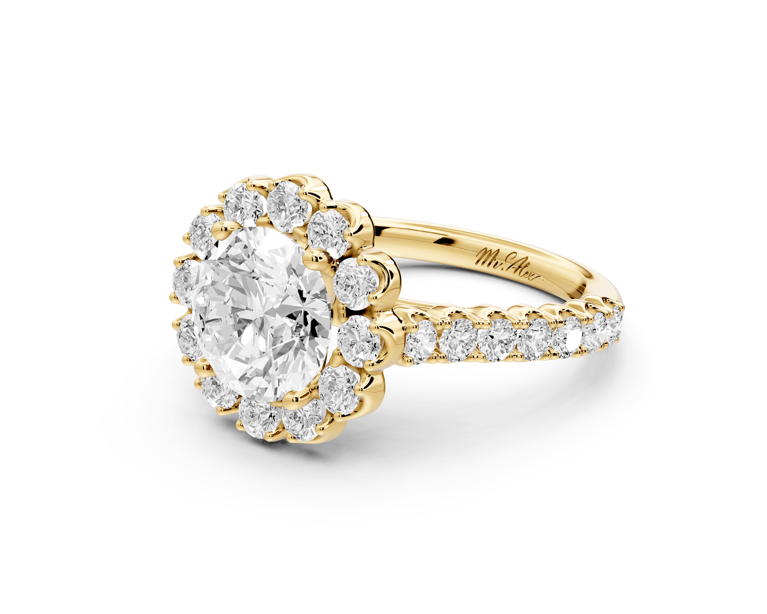Anastasia - 2ct 18k yellow gold round Diamond with Floral Halo and Pavé engagement Ring - Mr. Alex Jewelry