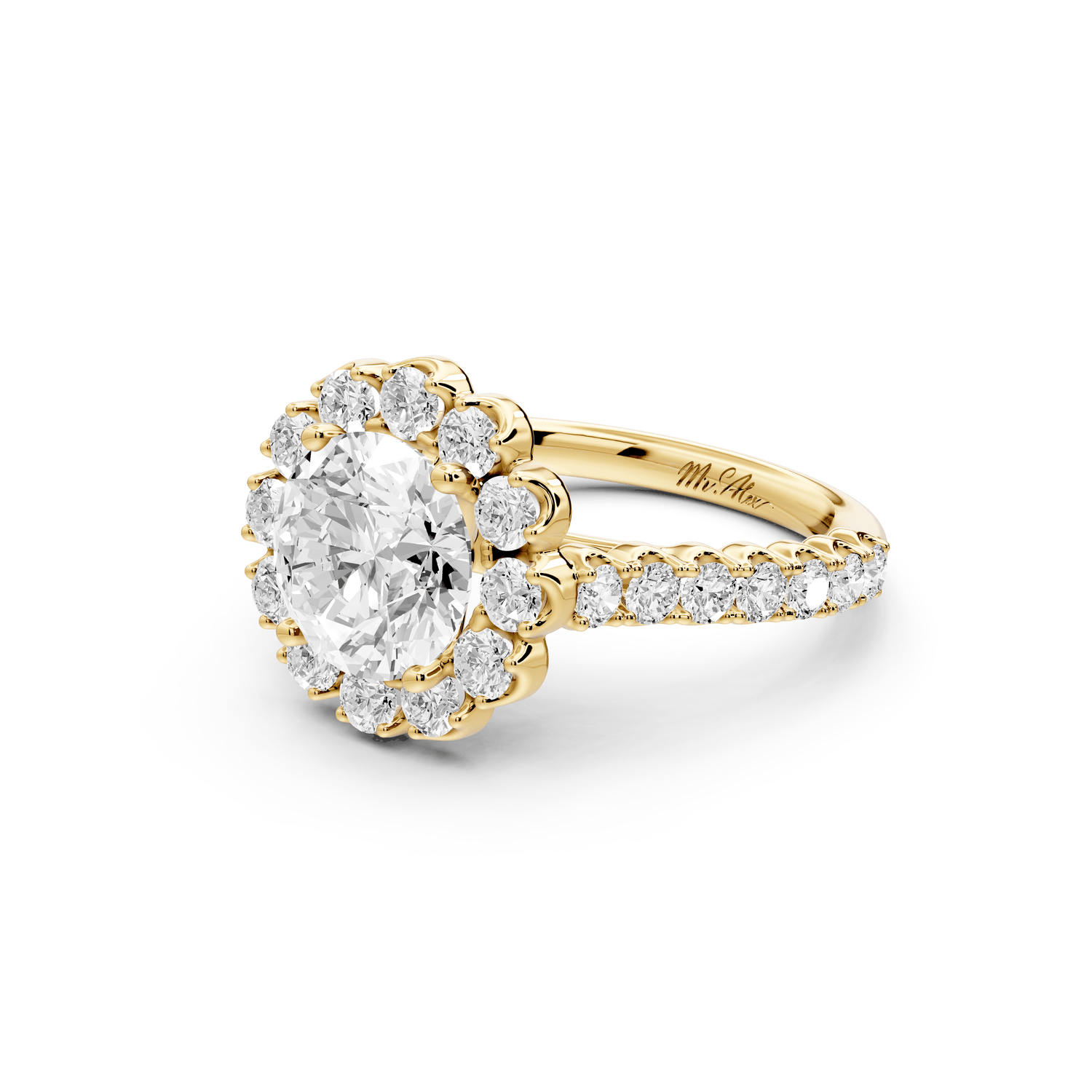 Anastasia - 2ct 18k yellow gold round Diamond with Floral Halo and Pavé engagement Ring - Mr. Alex Jewelry