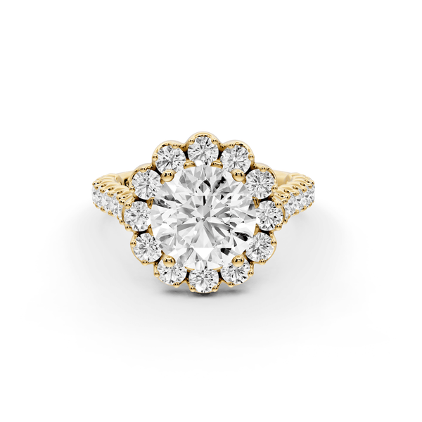 Anastasia - 2ct 18k yellow gold round Diamond with Floral Halo and Pavé engagement Ring - Mr. Alex Jewelry