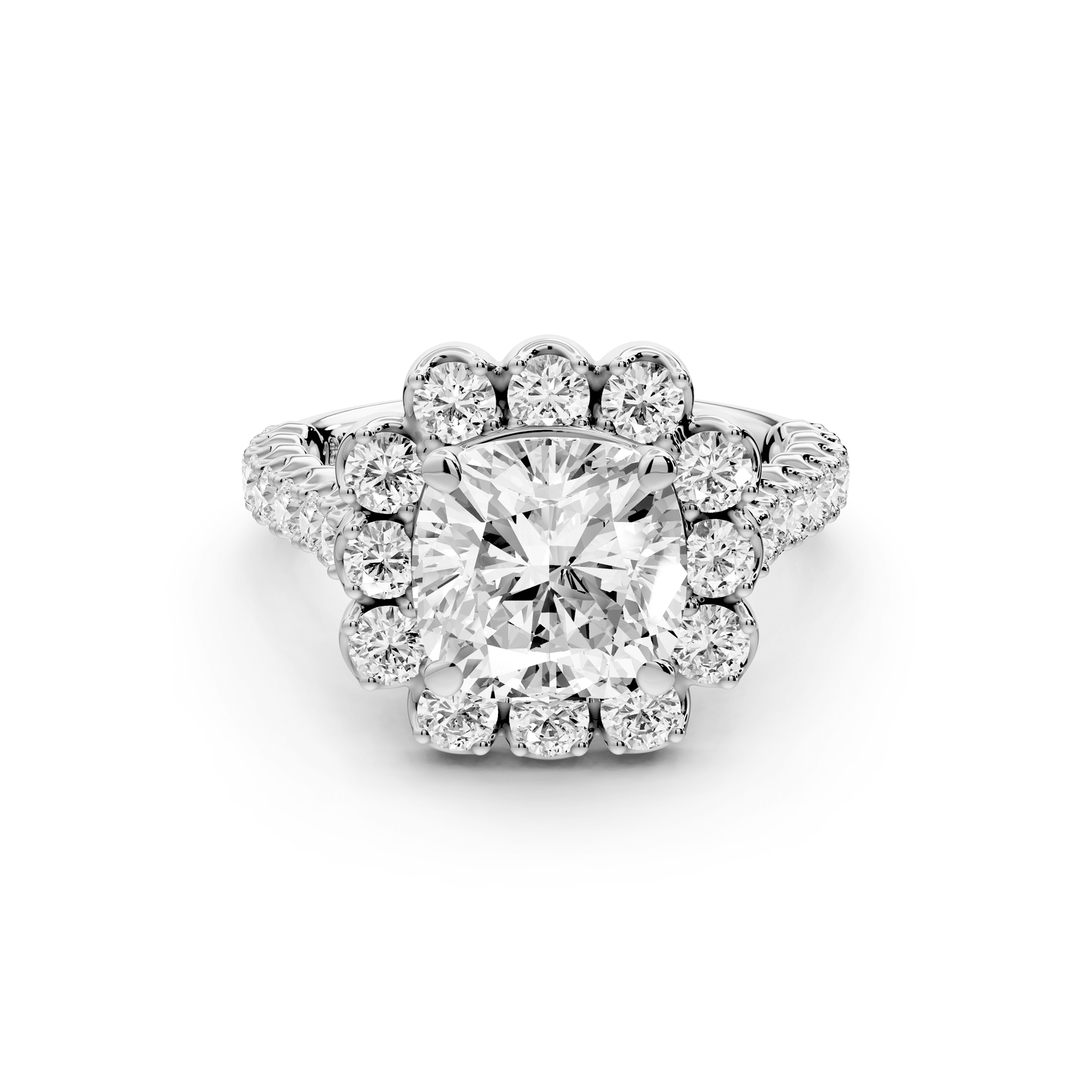 Anastasia - 2ct platinum cushion Diamond with Floral Halo and Pavé engagement Ring - Mr. Alex Jewelry
