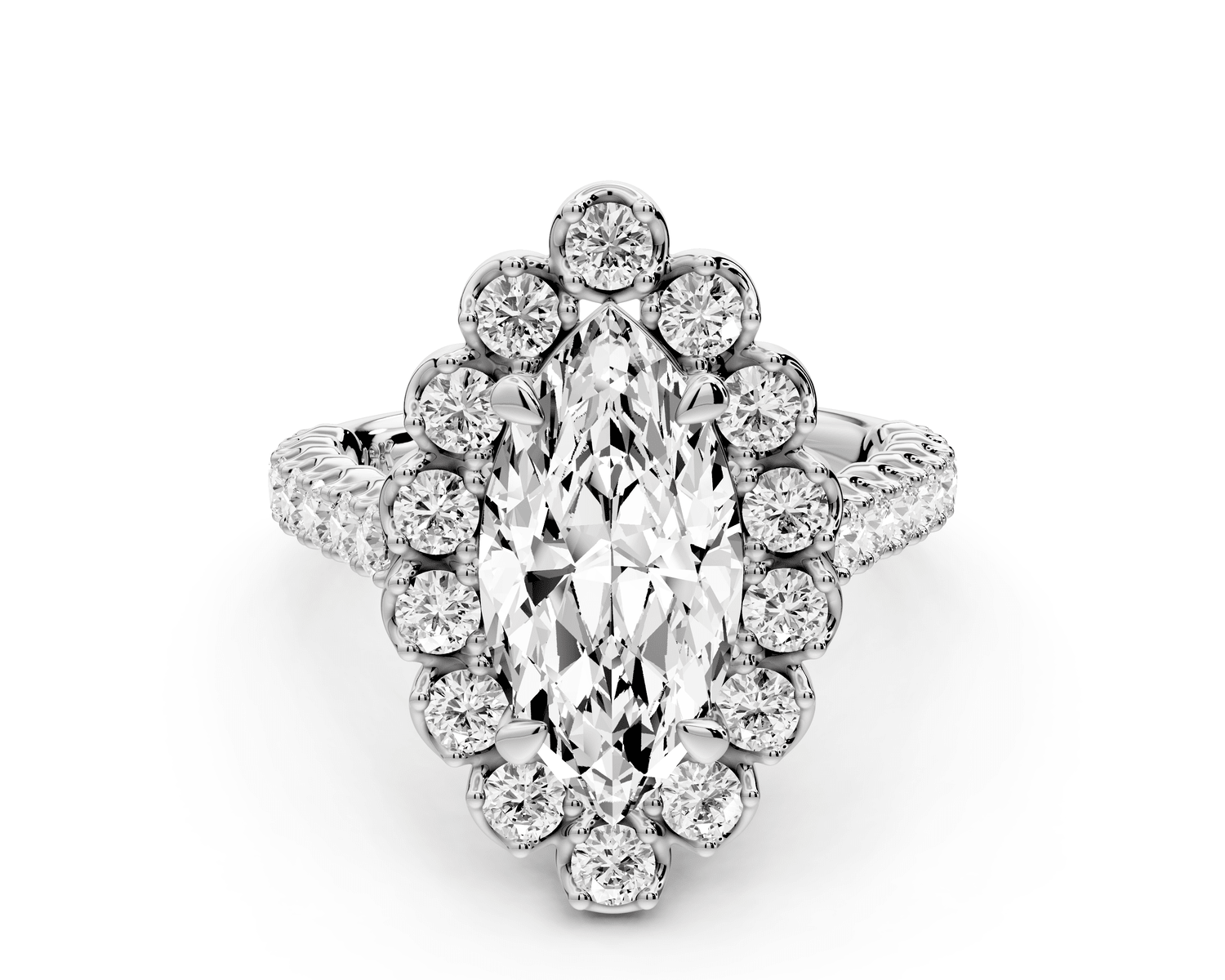 Anastasia - 2ct platinum marquise Diamond with Floral Halo and Pavé engagement Ring - Mr. Alex Jewelry