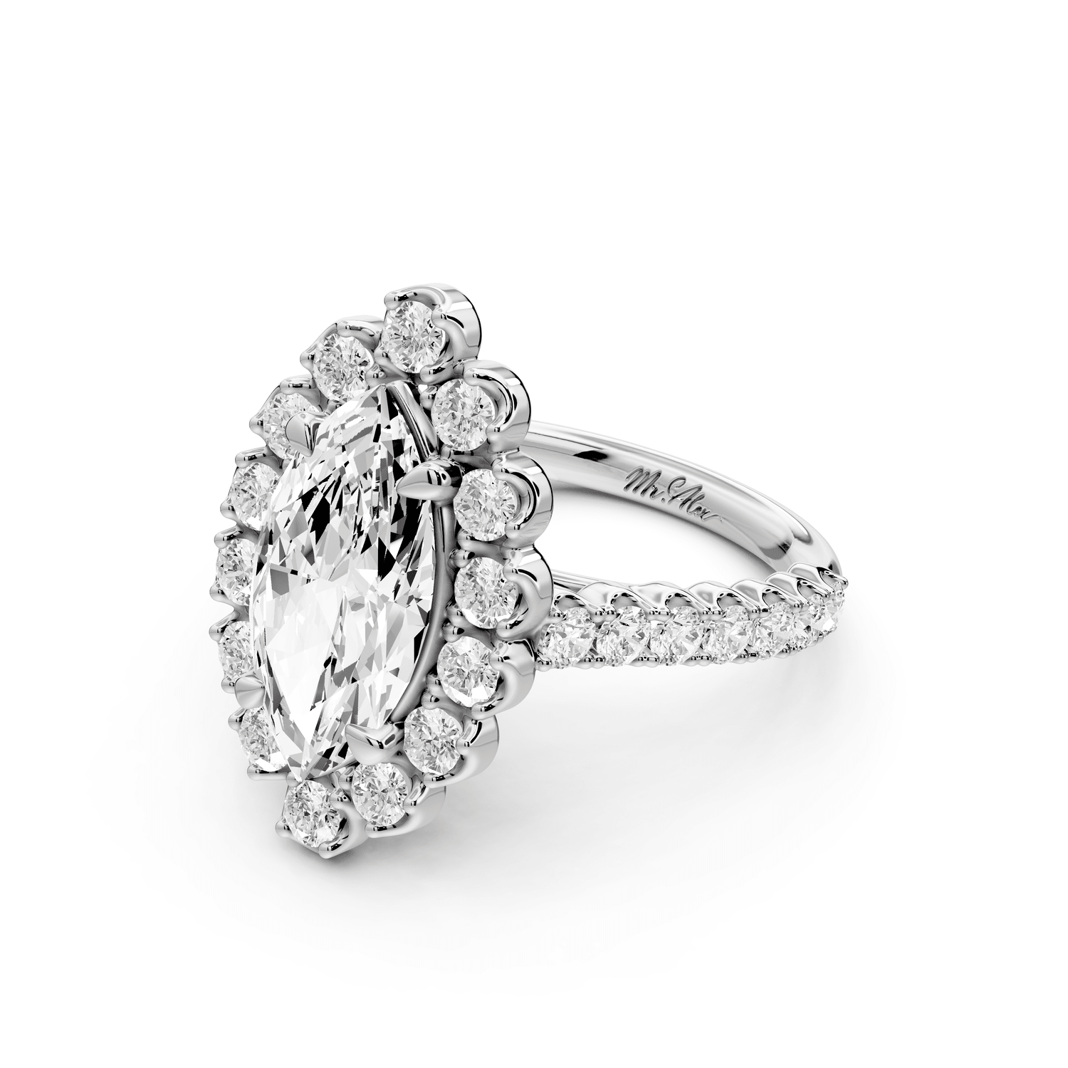 Anastasia - 2ct platinum marquise Diamond with Floral Halo and Pavé engagement Ring - Mr. Alex Jewelry