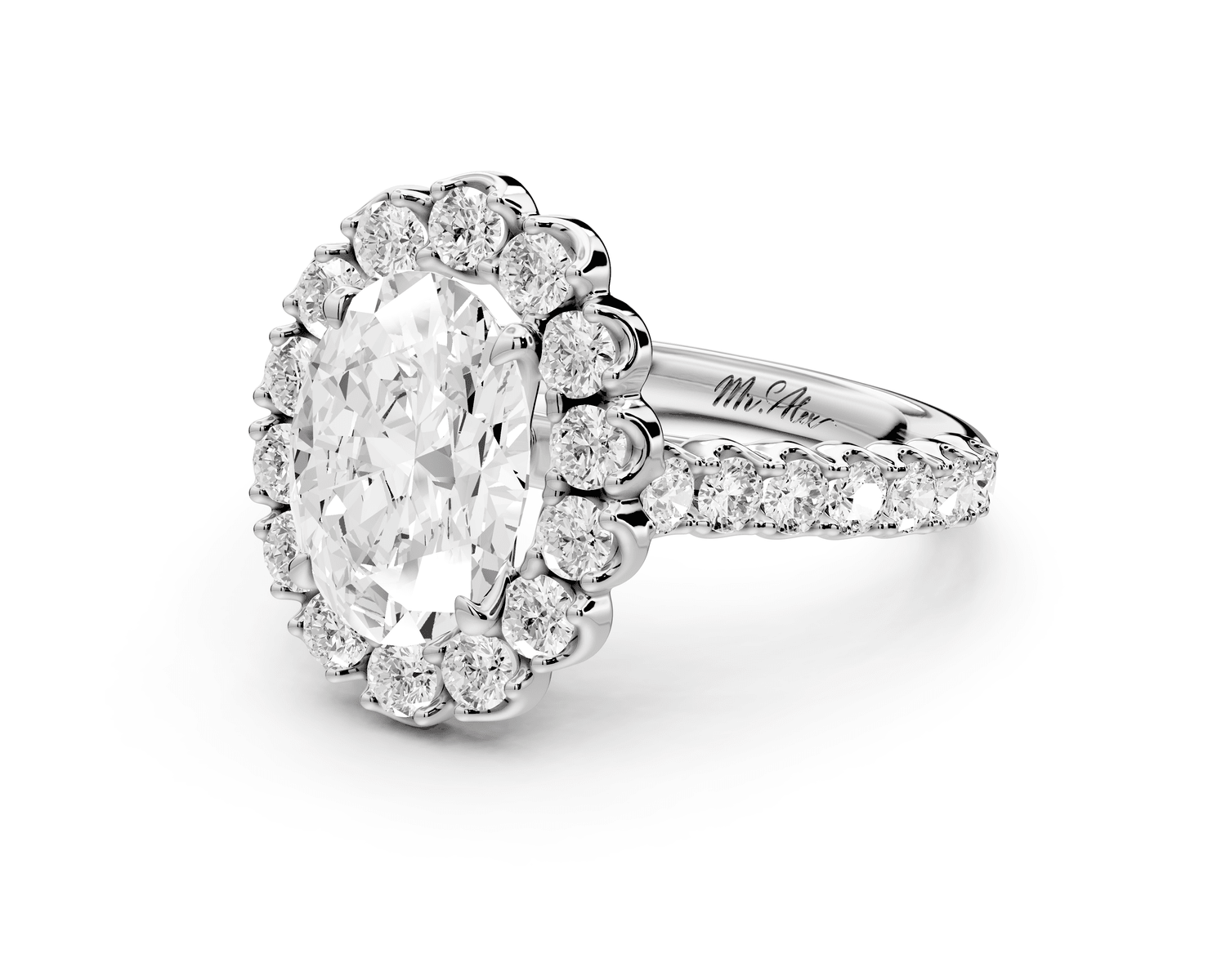 Anastasia - 2ct platinum oval Diamond with Floral Halo and Pavé engagement Ring - Mr. Alex Jewelry