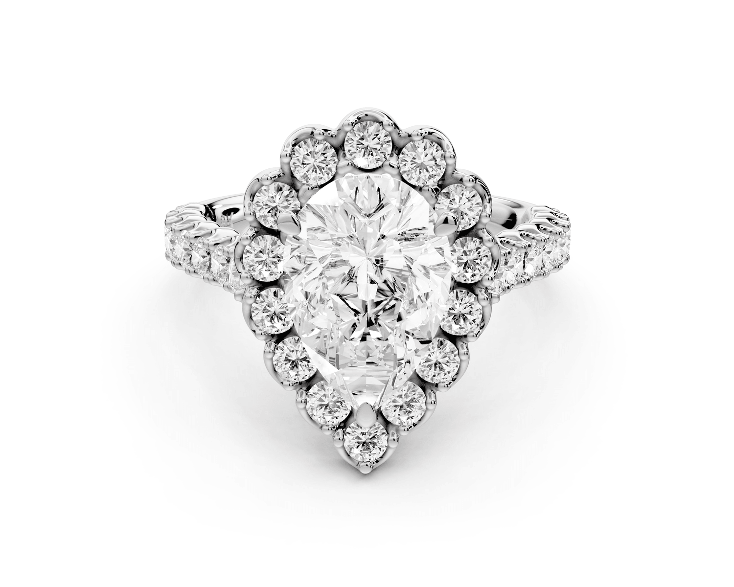 Anastasia - 2ct platinum pear Diamond with Floral Halo and Pavé engagement Ring - Mr. Alex Jewelry
