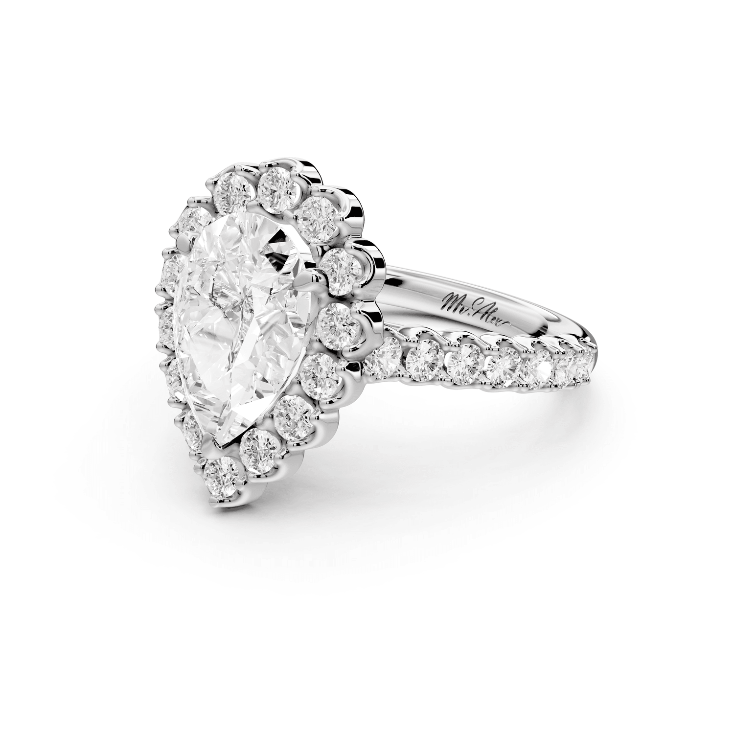 Anastasia - 2ct platinum pear Diamond with Floral Halo and Pavé engagement Ring - Mr. Alex Jewelry