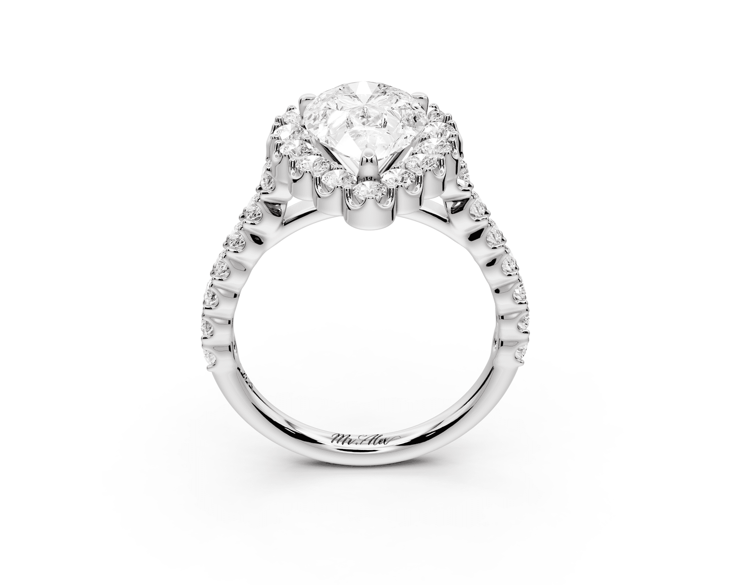 Anastasia - 2ct platinum pear Diamond with Floral Halo and Pavé engagement Ring - Mr. Alex Jewelry