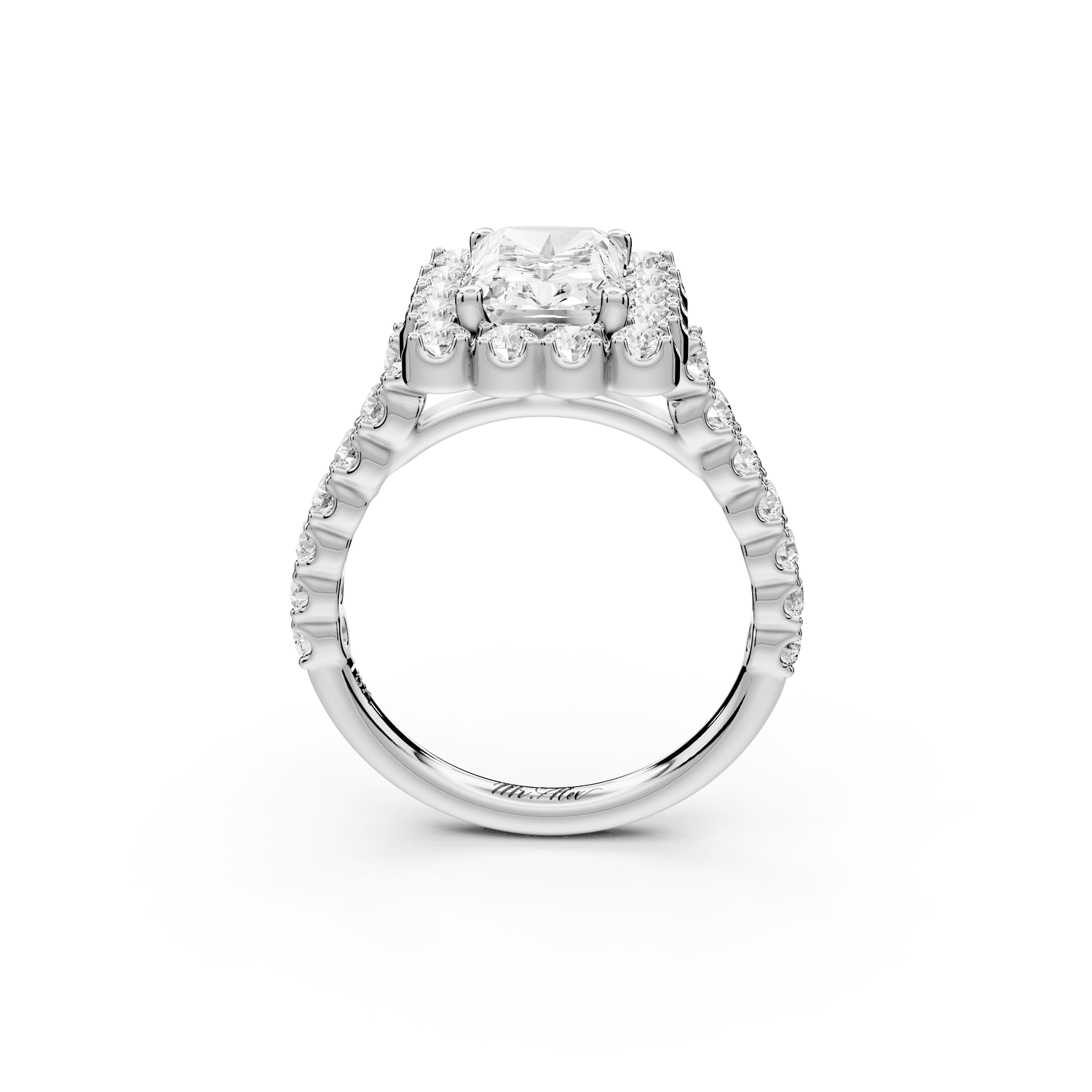 Anastasia - 2ct platinum radiant Diamond with Floral Halo and Pavé engagement Ring - Mr. Alex Jewelry