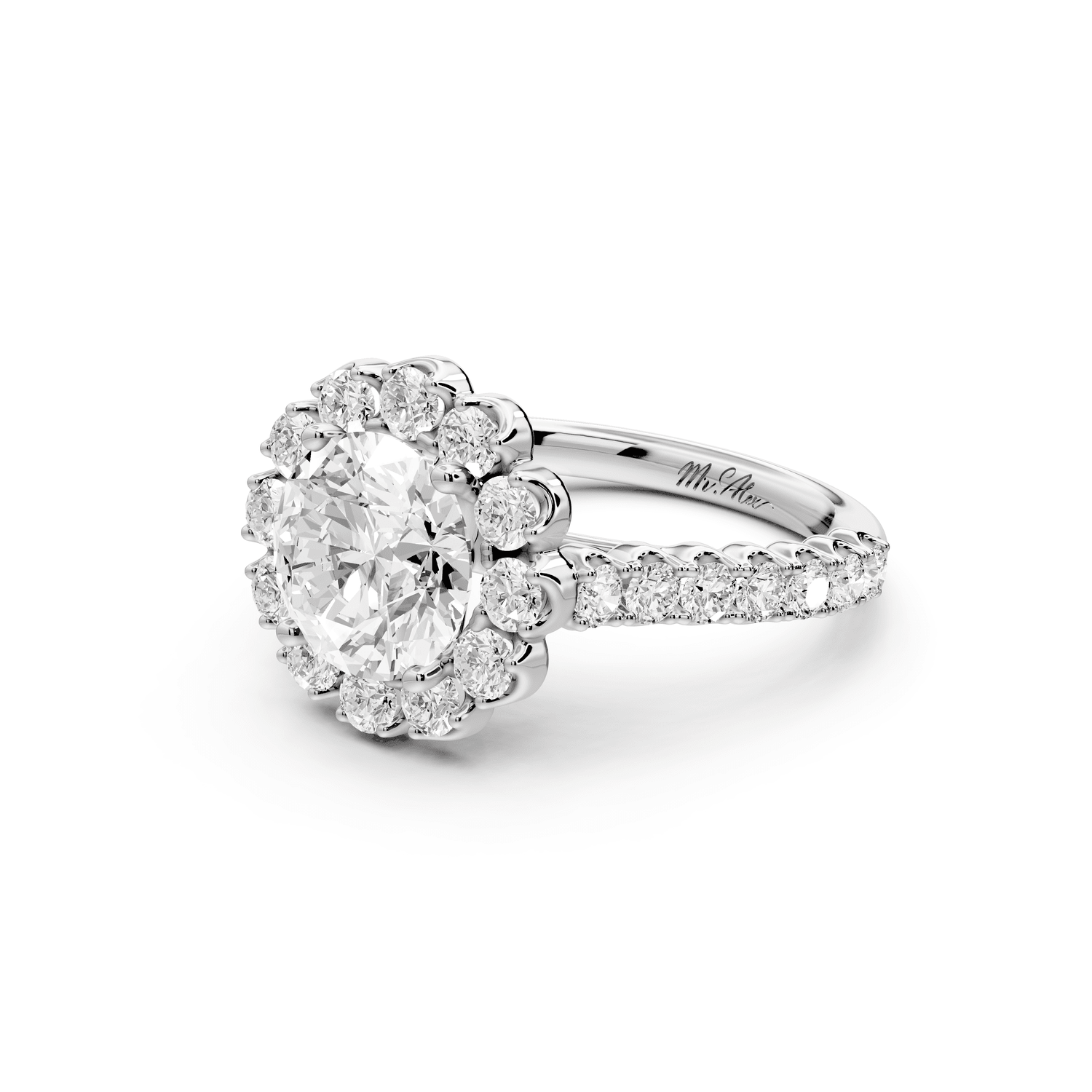 Anastasia - 2ct platinum round Diamond with Floral Halo and Pavé engagement Ring - Mr. Alex Jewelry