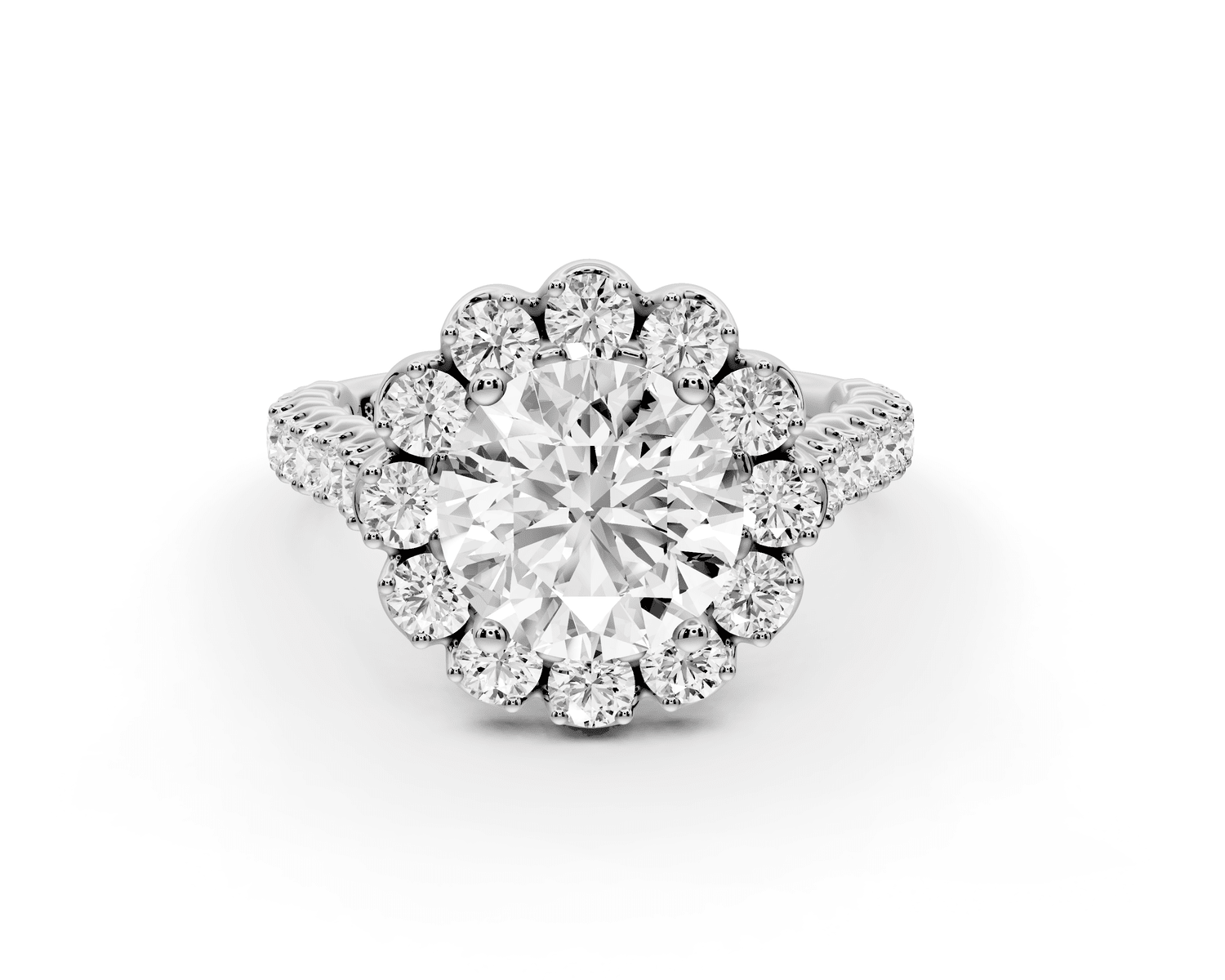 Anastasia - 2ct platinum round Diamond with Floral Halo and Pavé engagement Ring - Mr. Alex Jewelry