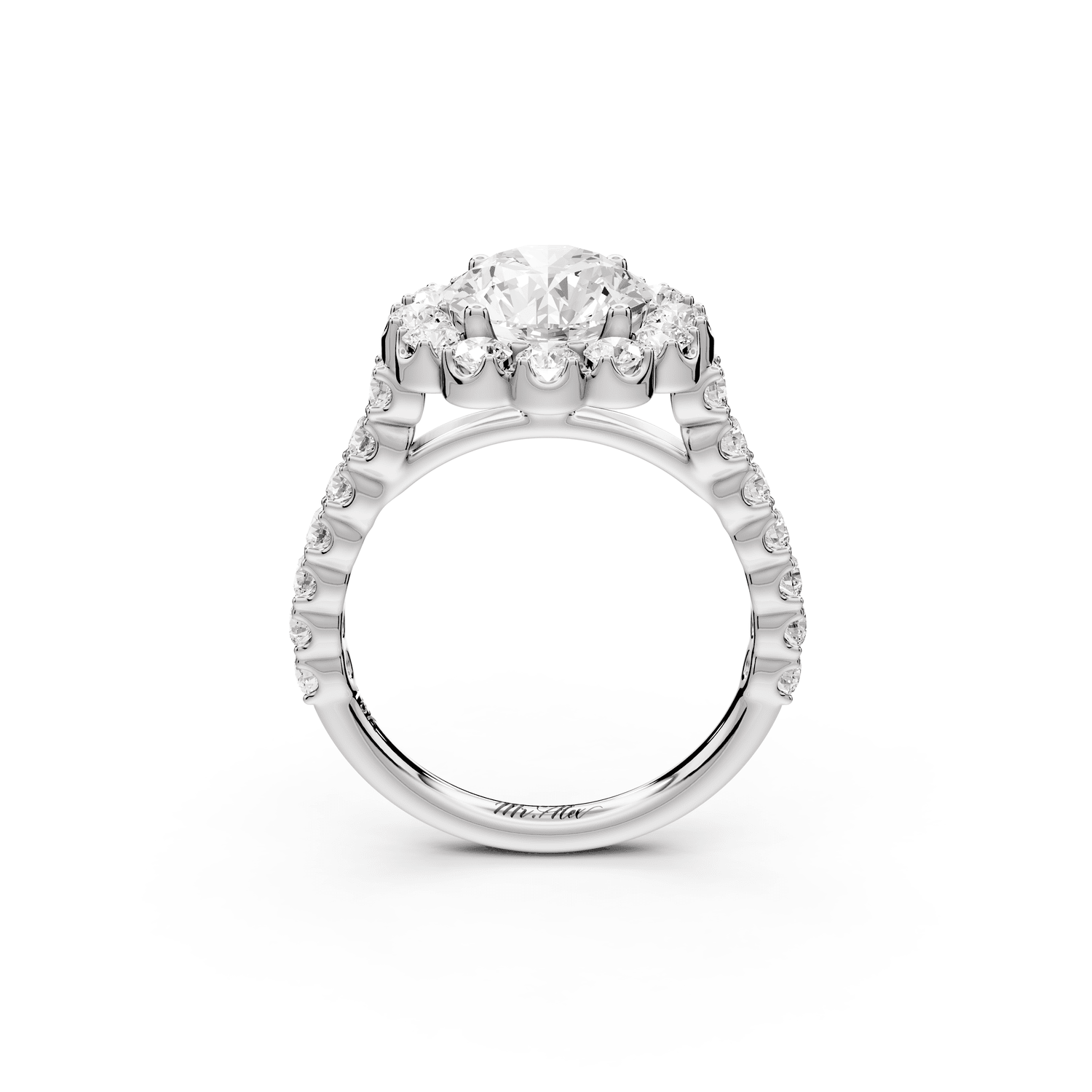 Anastasia - 2ct platinum round Diamond with Floral Halo and Pavé engagement Ring - Mr. Alex Jewelry