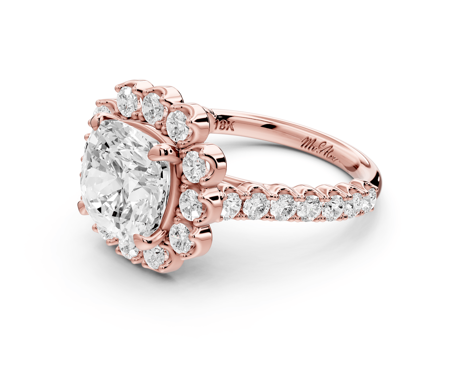 Anastasia - 3ct 14k rose gold cushion Diamond with Floral Halo and Pavé engagement Ring - Mr. Alex Jewelry