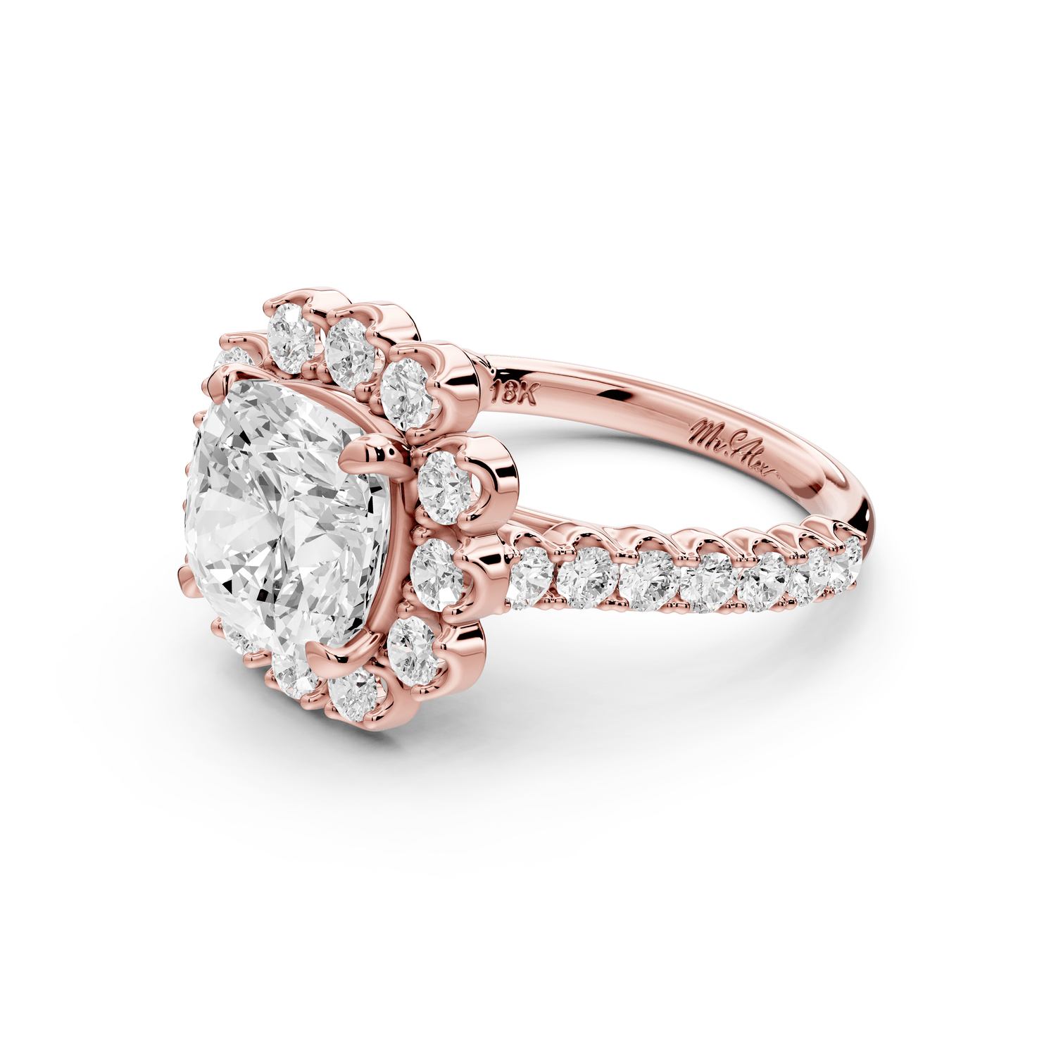 Anastasia - 3ct 14k rose gold cushion Diamond with Floral Halo and Pavé engagement Ring - Mr. Alex Jewelry