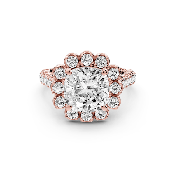 Anastasia - 3ct 14k rose gold cushion Diamond with Floral Halo and Pavé engagement Ring - Mr. Alex Jewelry
