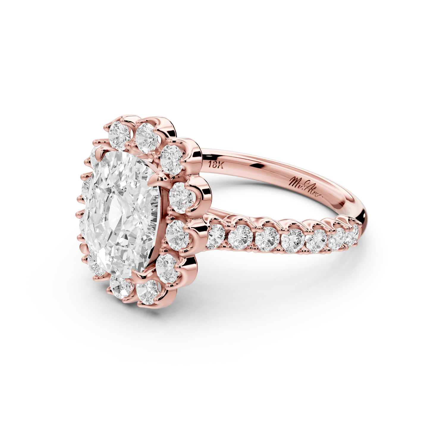 Anastasia - 3ct 14k rose gold ecushion Diamond with Floral Halo and Pavé engagement Ring - Mr. Alex Jewelry