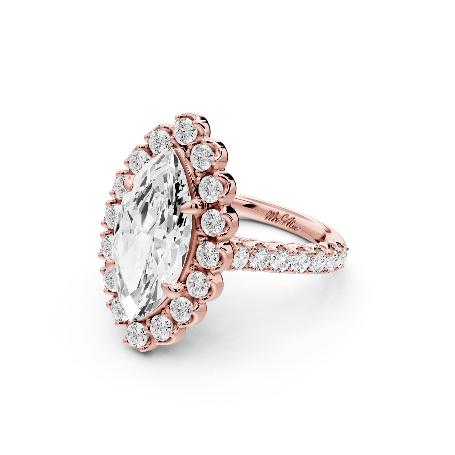 Anastasia - 3ct 14k rose gold marquise Diamond with Floral Halo and Pavé engagement Ring - Mr. Alex Jewelry