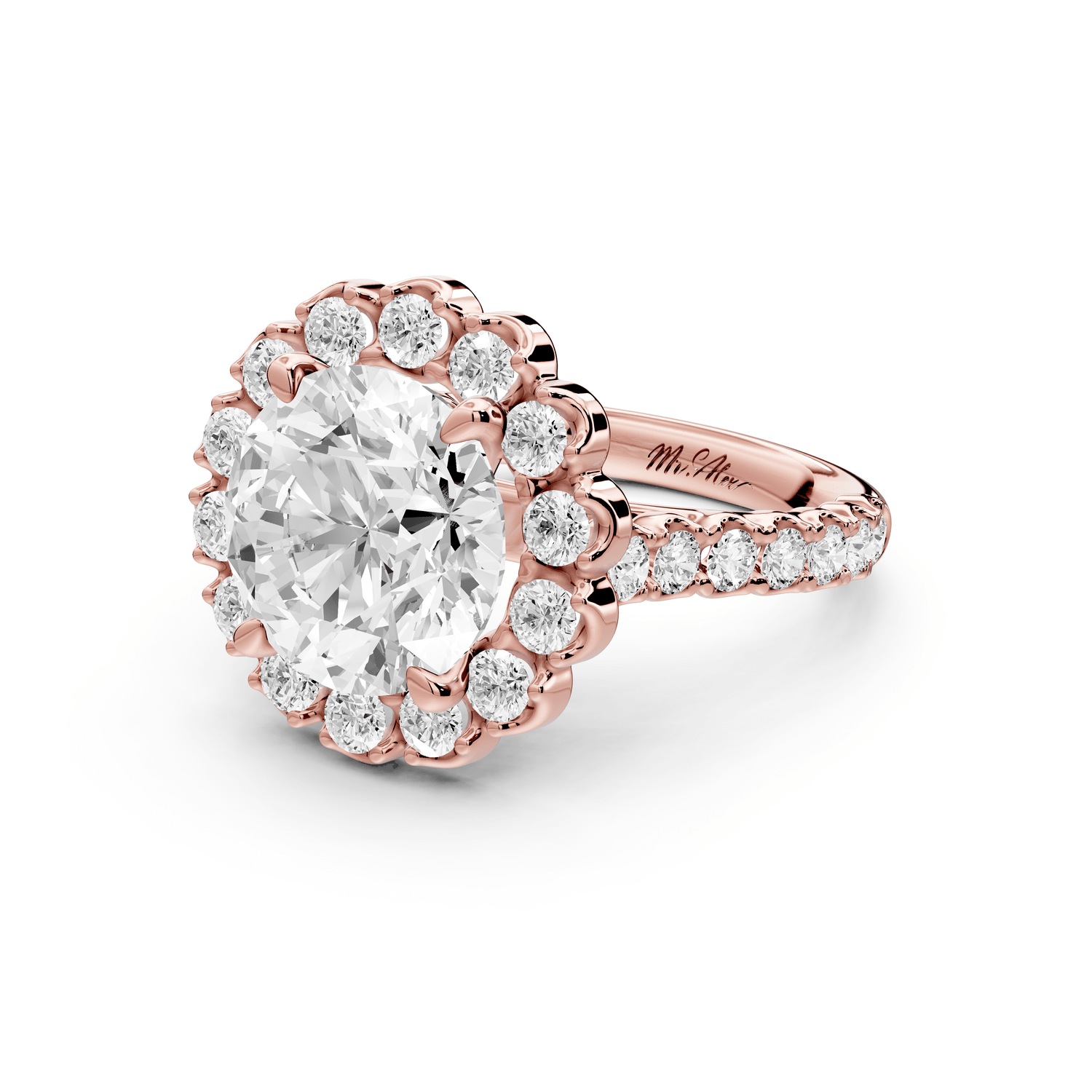Anastasia - 3ct 14k rose gold round Diamond with Floral Halo and Pavé engagement Ring - Mr. Alex Jewelry