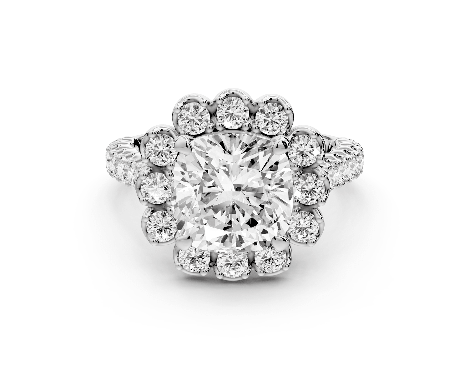 Anastasia - 3ct 14k white gold cushion Diamond with Floral Halo and Pavé engagement Ring - Mr. Alex Jewelry