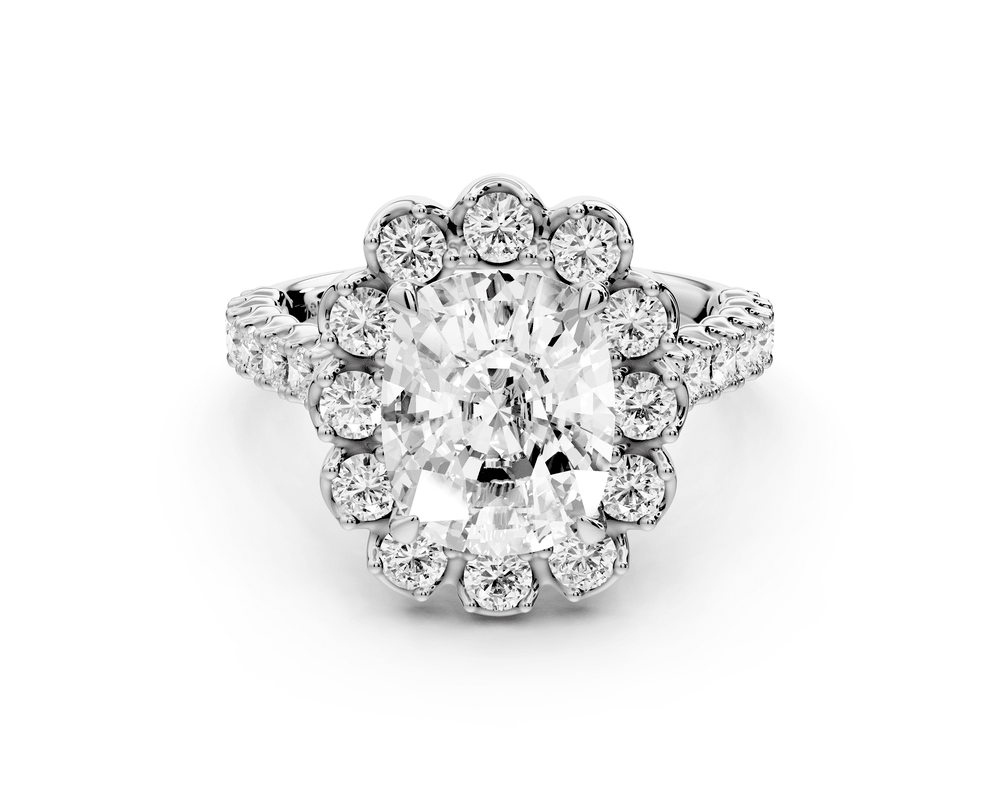 Anastasia - 3ct 14k white gold ecushion Diamond with Floral Halo and Pavé engagement Ring - Mr. Alex Jewelry