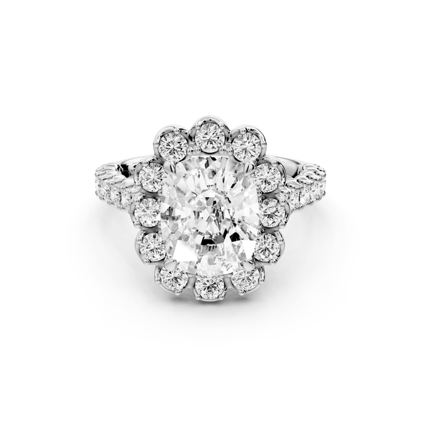 Anastasia - 3ct 14k white gold ecushion Diamond with Floral Halo and Pavé engagement Ring - Mr. Alex Jewelry