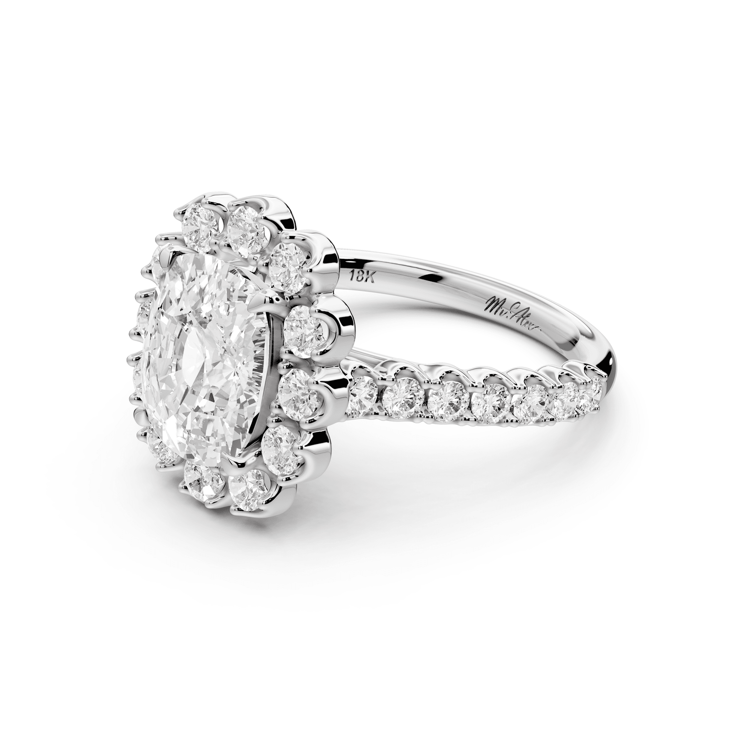 Anastasia - 3ct 14k white gold ecushion Diamond with Floral Halo and Pavé engagement Ring - Mr. Alex Jewelry