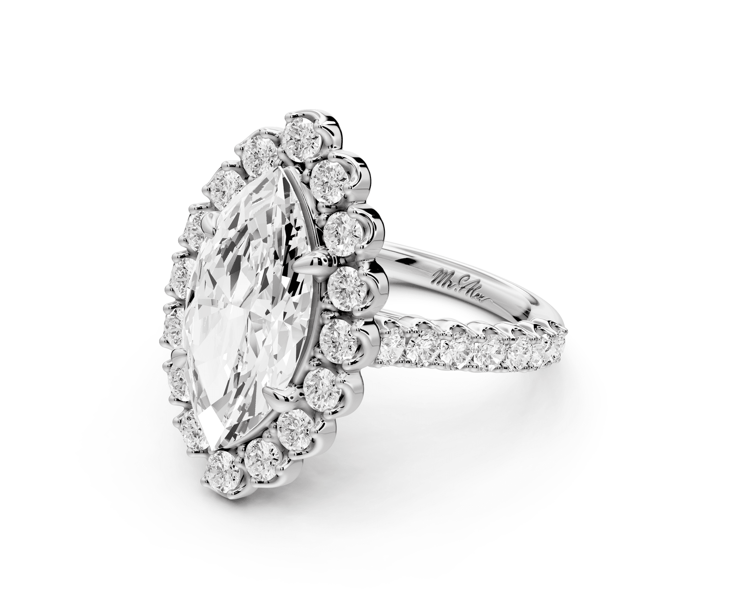 Anastasia - 3ct 14k white gold marquise Diamond with Floral Halo and Pavé engagement Ring - Mr. Alex Jewelry