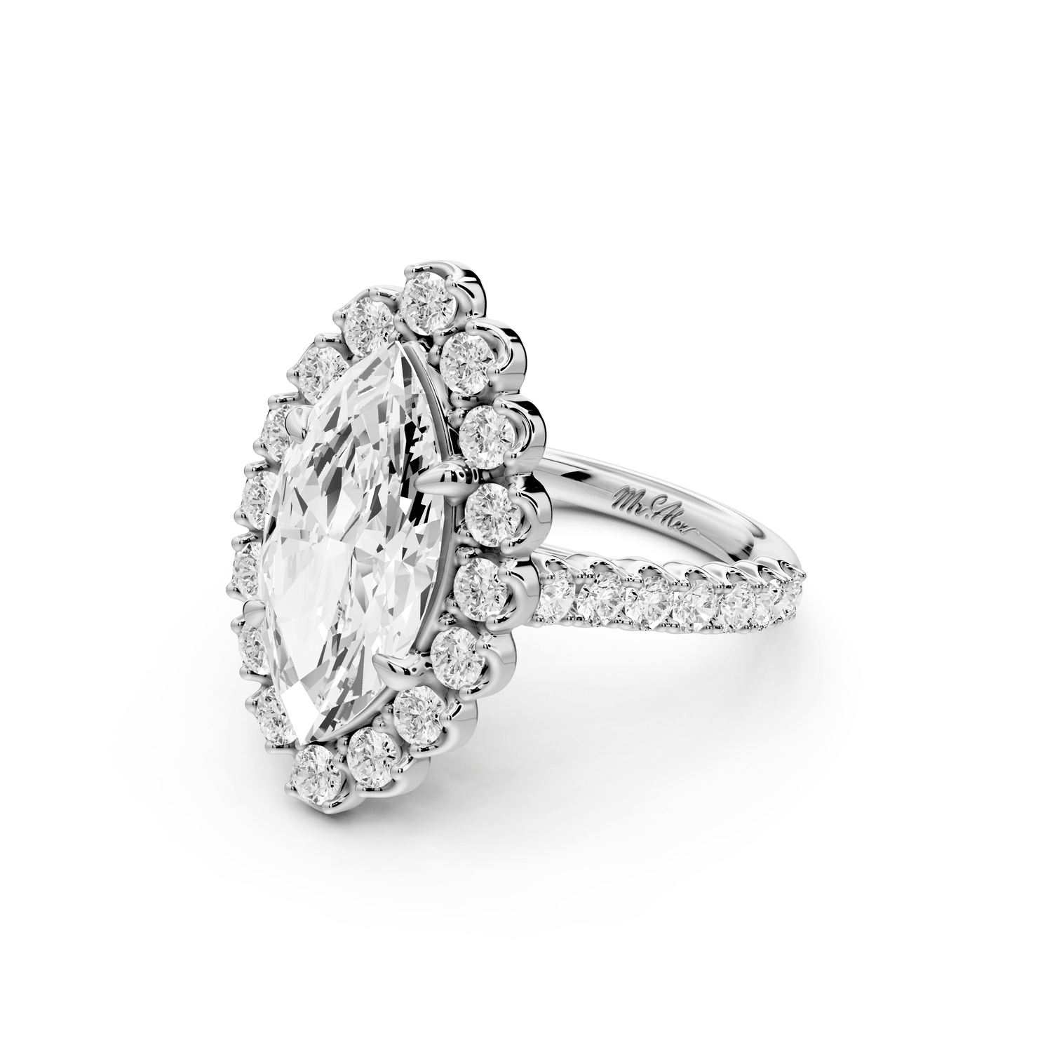 Anastasia - 3ct 14k white gold marquise Diamond with Floral Halo and Pavé engagement Ring - Mr. Alex Jewelry