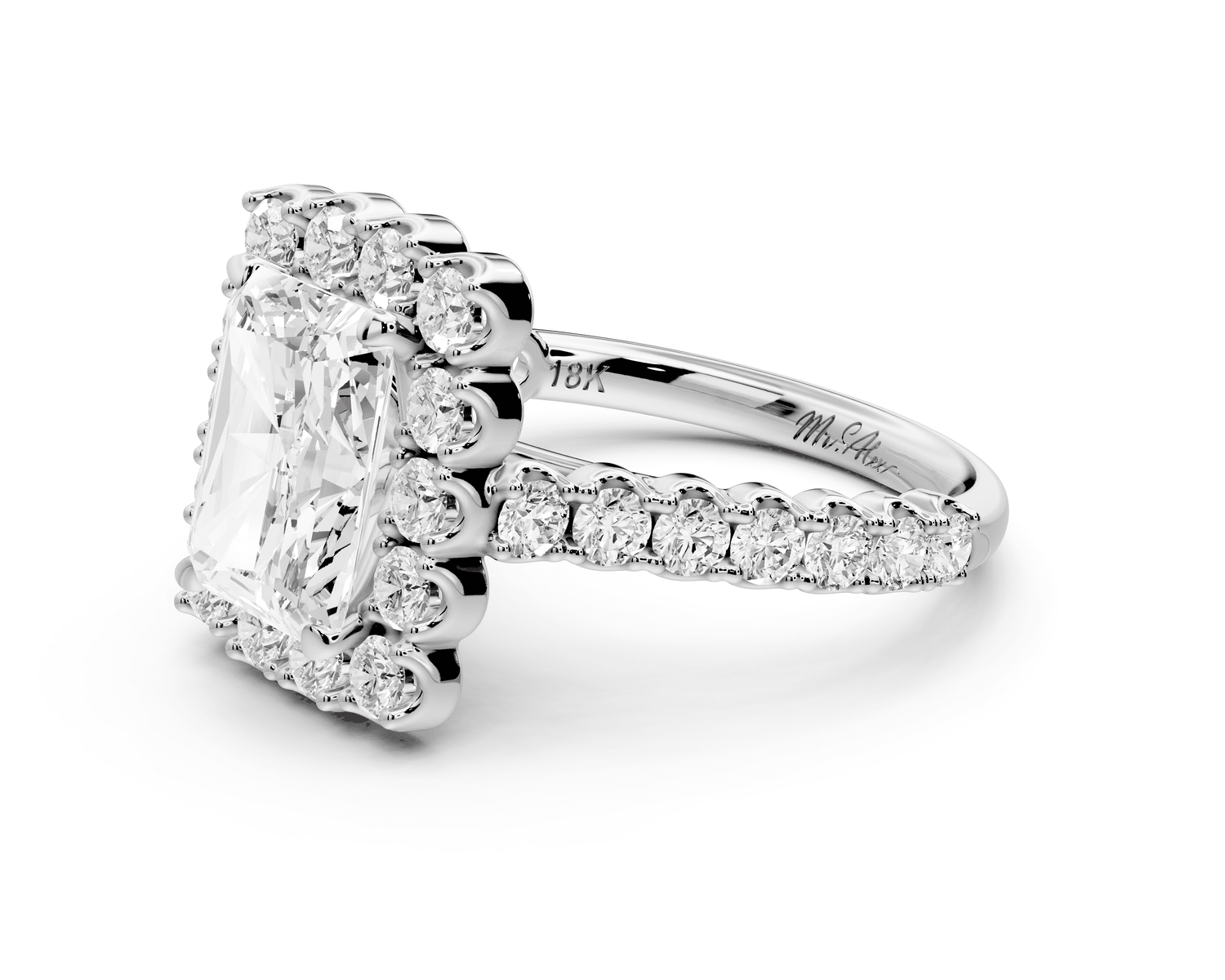 Anastasia - 3ct 14k white gold radiant Diamond with Floral Halo and Pavé engagement Ring - Mr. Alex Jewelry