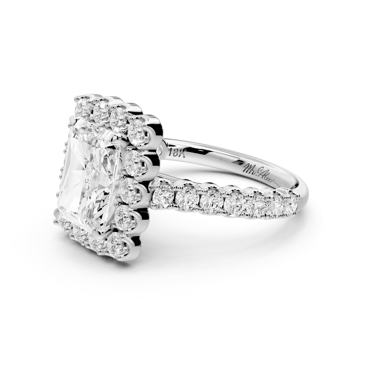 Anastasia - 3ct 14k white gold radiant Diamond with Floral Halo and Pavé engagement Ring - Mr. Alex Jewelry