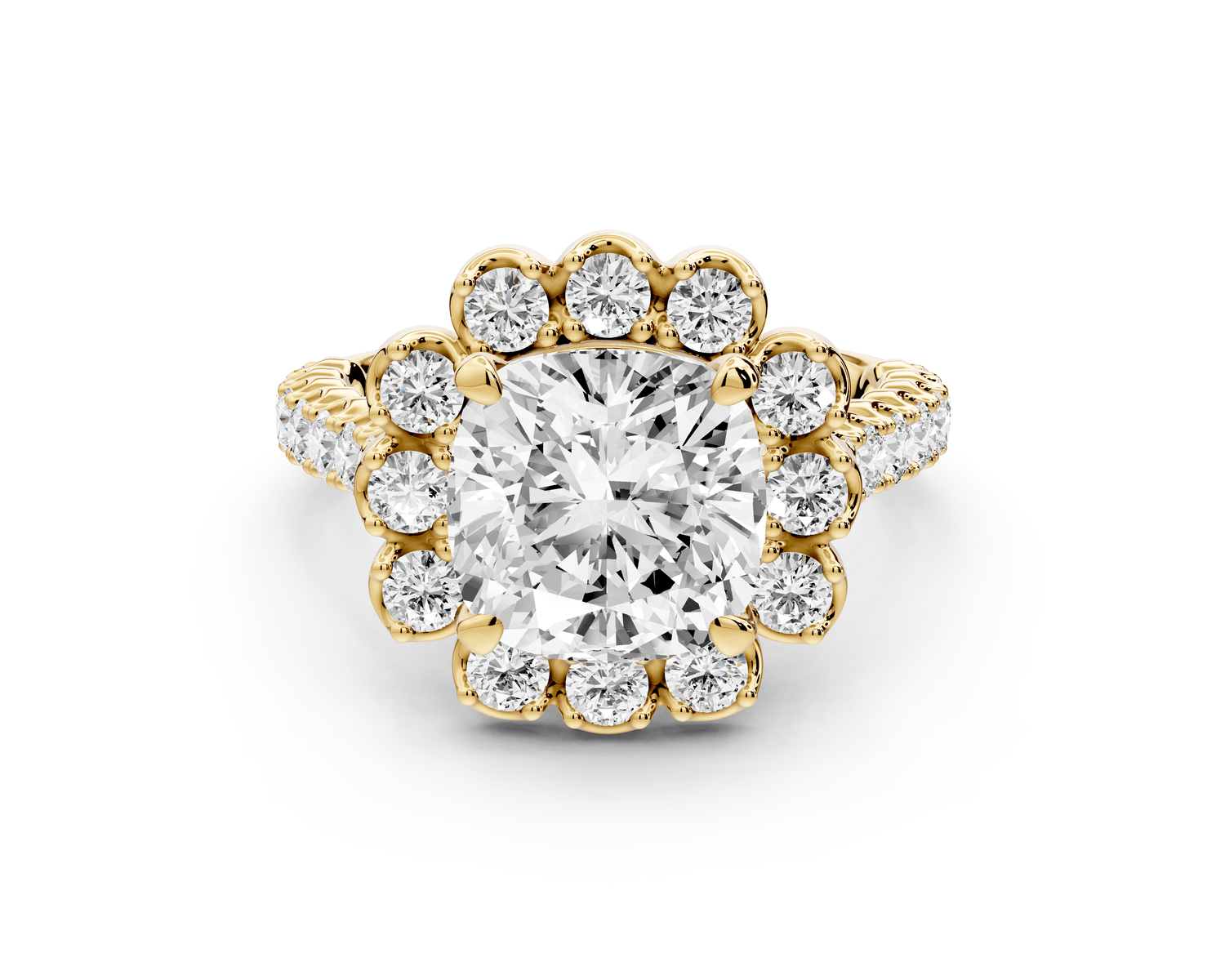 Anastasia - 3ct 14k yellow gold cushion Diamond with Floral Halo and Pavé engagement Ring - Mr. Alex Jewelry
