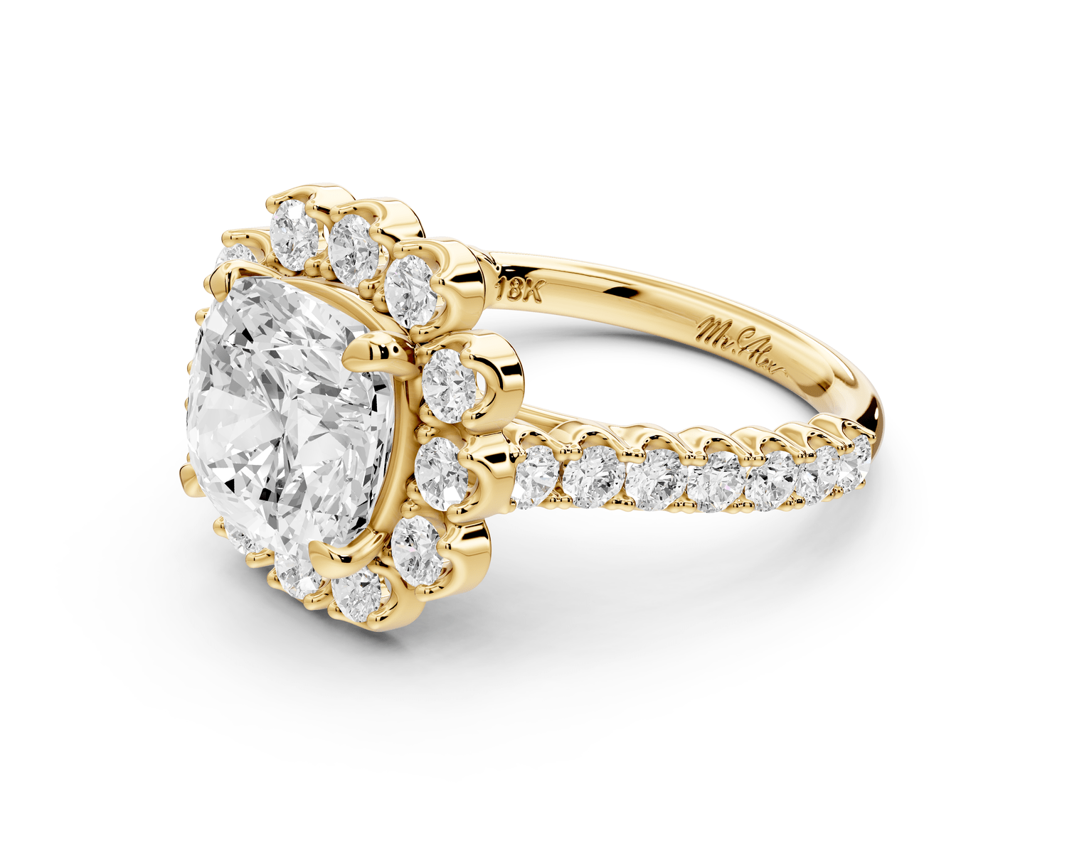 Anastasia - 3ct 14k yellow gold cushion Diamond with Floral Halo and Pavé engagement Ring - Mr. Alex Jewelry
