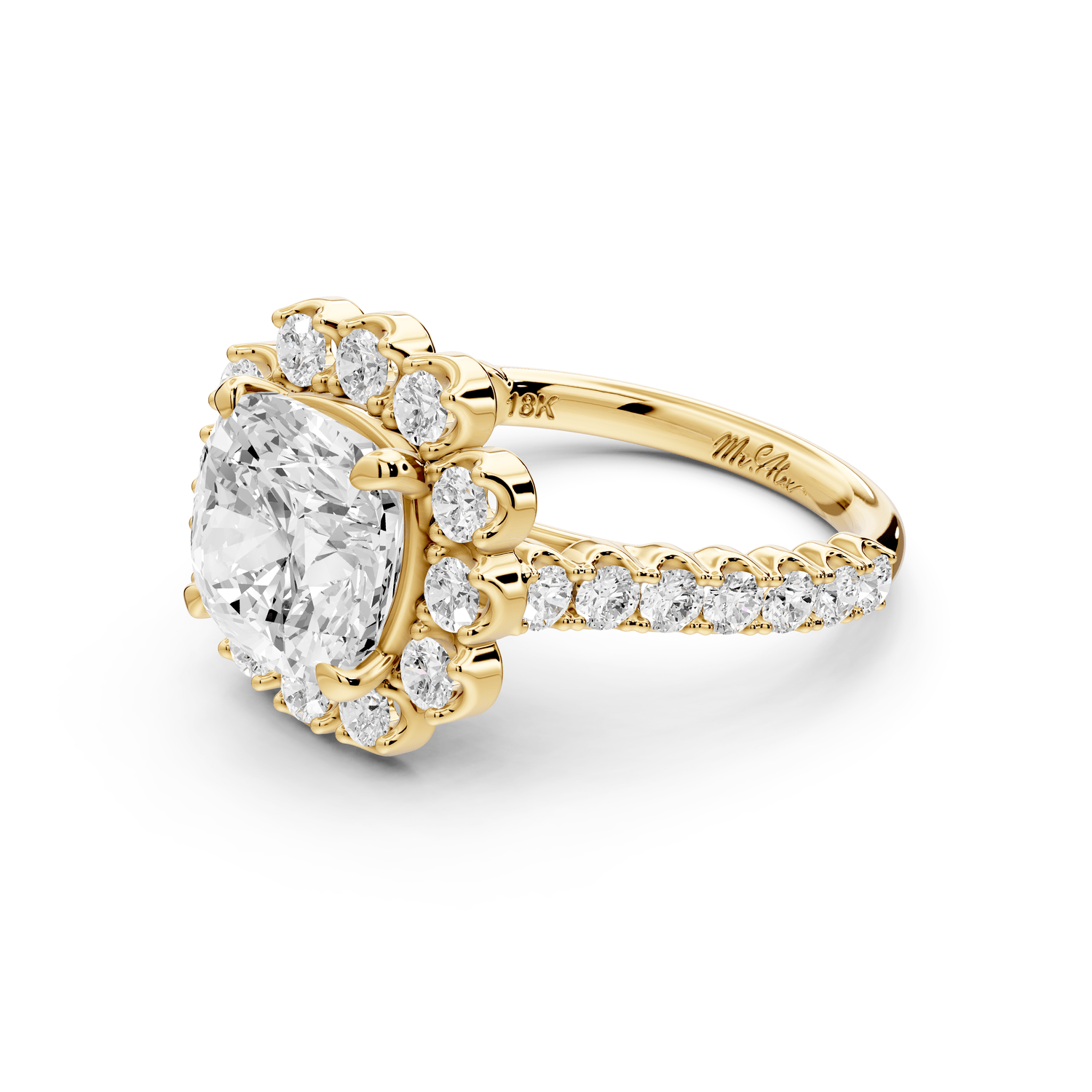 Anastasia - 3ct 14k yellow gold cushion Diamond with Floral Halo and Pavé engagement Ring - Mr. Alex Jewelry