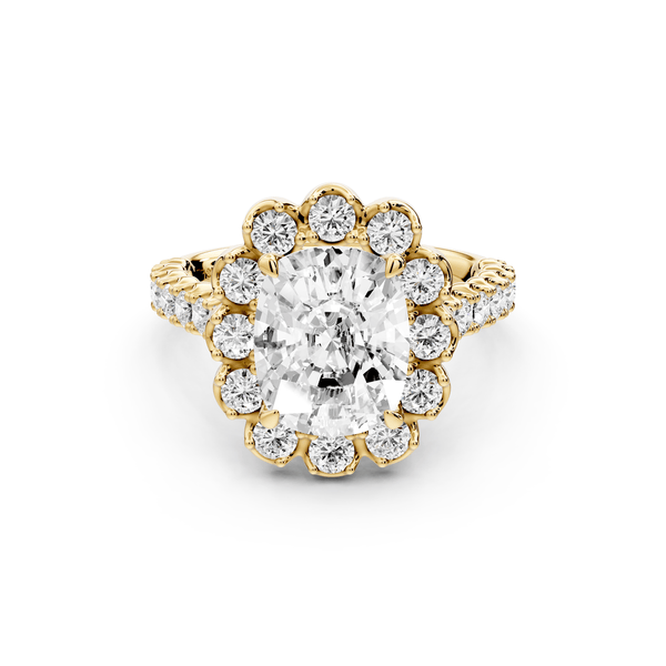 Anastasia - 3ct 14k yellow gold ecushion Diamond with Floral Halo and Pavé engagement Ring - Mr. Alex Jewelry
