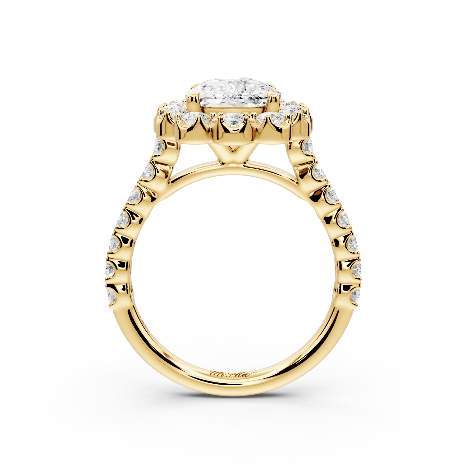 Anastasia - 3ct 14k yellow gold ecushion Diamond with Floral Halo and Pavé engagement Ring - Mr. Alex Jewelry