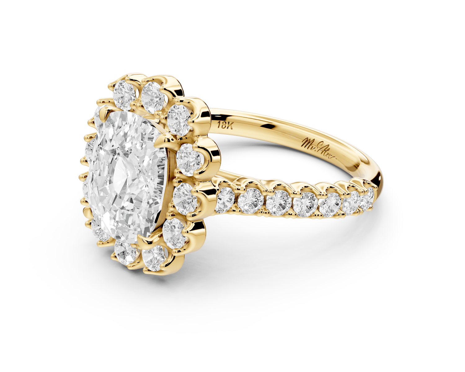 Anastasia - 3ct 14k yellow gold ecushion Diamond with Floral Halo and Pavé engagement Ring - Mr. Alex Jewelry